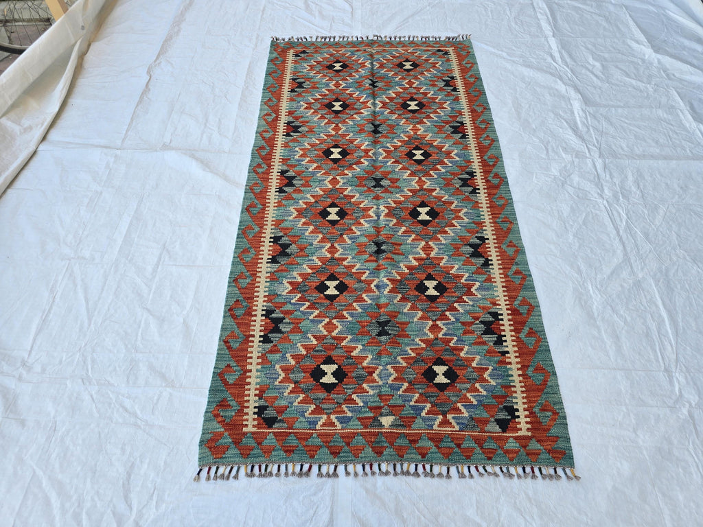 4x7 Afghan Handknitted Kilim Hallway Runner, Turkmen Flatweave Wool Geometric Runner, Boho Home Decor, Entryway Rug, Farmhouse Rug