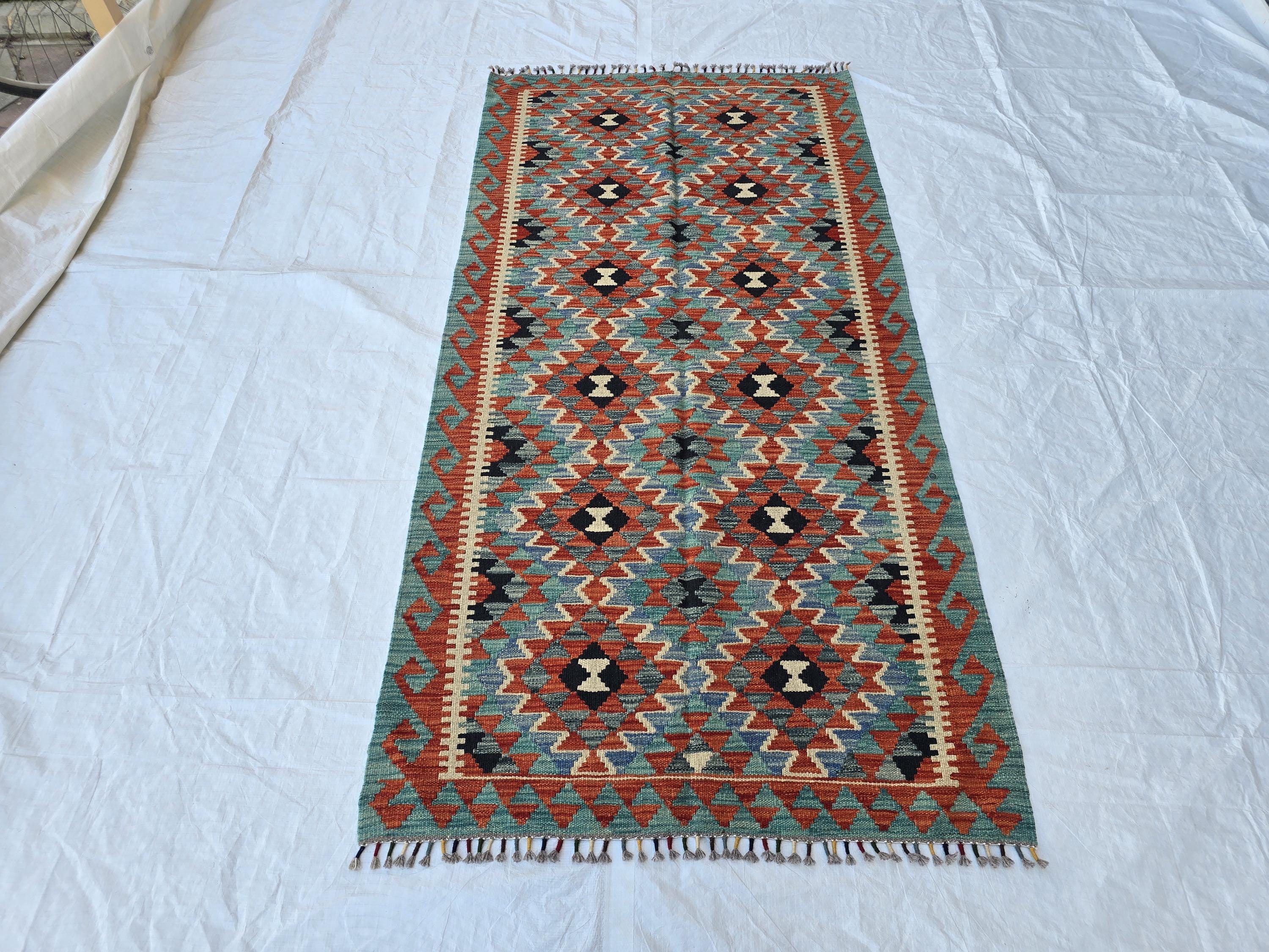 4x7 Afghan Handknitted Kilim Hallway Runner, Turkmen Flatweave Wool Geometric Runner, Boho Home Decor, Entryway Rug, Farmhouse Rug