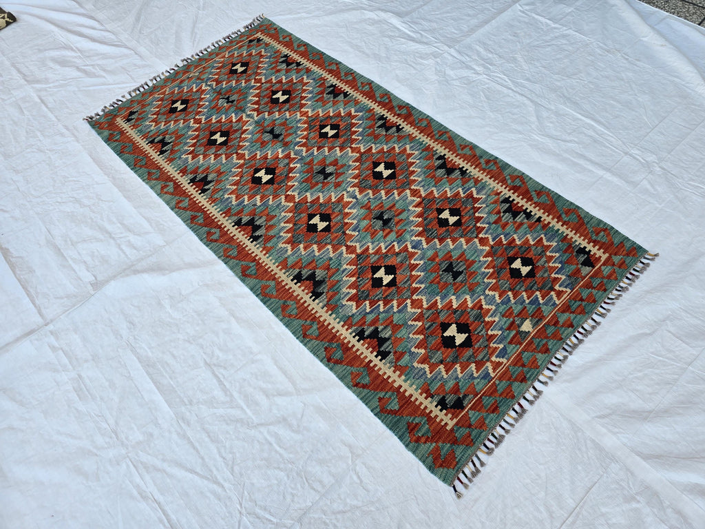 4x7 Afghan Handknitted Kilim Hallway Runner, Turkmen Flatweave Wool Geometric Runner, Boho Home Decor, Entryway Rug, Farmhouse Rug