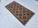 4x7 Afghan Handknitted Kilim Hallway Runner, Turkmen Flatweave Wool Geometric Runner, Boho Home Decor, Entryway Rug, Farmhouse Rug