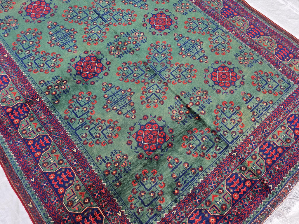 5x7ft, Afghan Handwoven Bukhara Rug, Turkmen Tribal Oriental Wool Rug, Rich Green and Red, Rug for Bedroom, Living Room Rug, Boho Home Decor