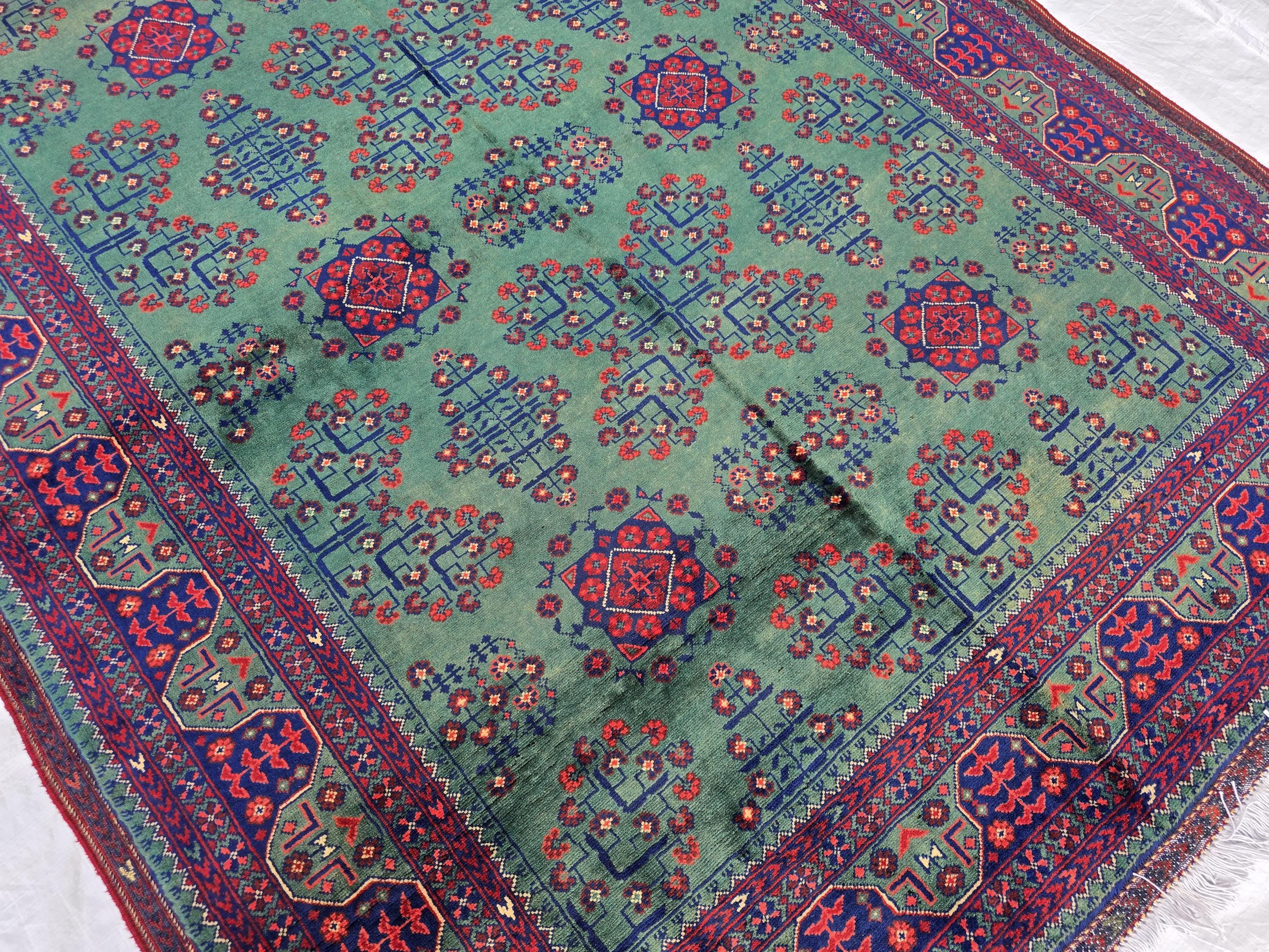 5x7ft, Afghan Handwoven Bukhara Rug, Turkmen Tribal Oriental Wool Rug, Rich Green and Red, Rug for Bedroom, Living Room Rug, Boho Home Decor