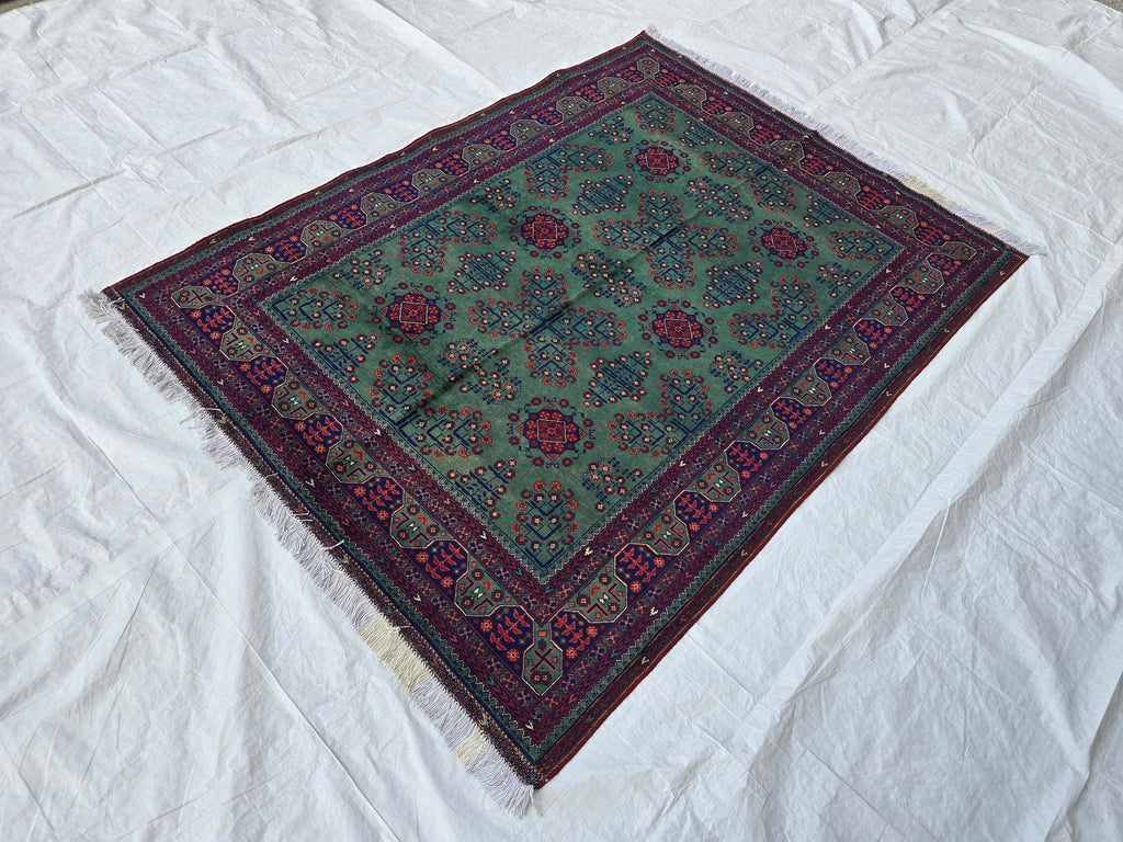 5x7ft, Afghan Handwoven Bukhara Rug, Turkmen Tribal Oriental Wool Rug, Rich Green and Red, Rug for Bedroom, Living Room Rug, Boho Home Decor