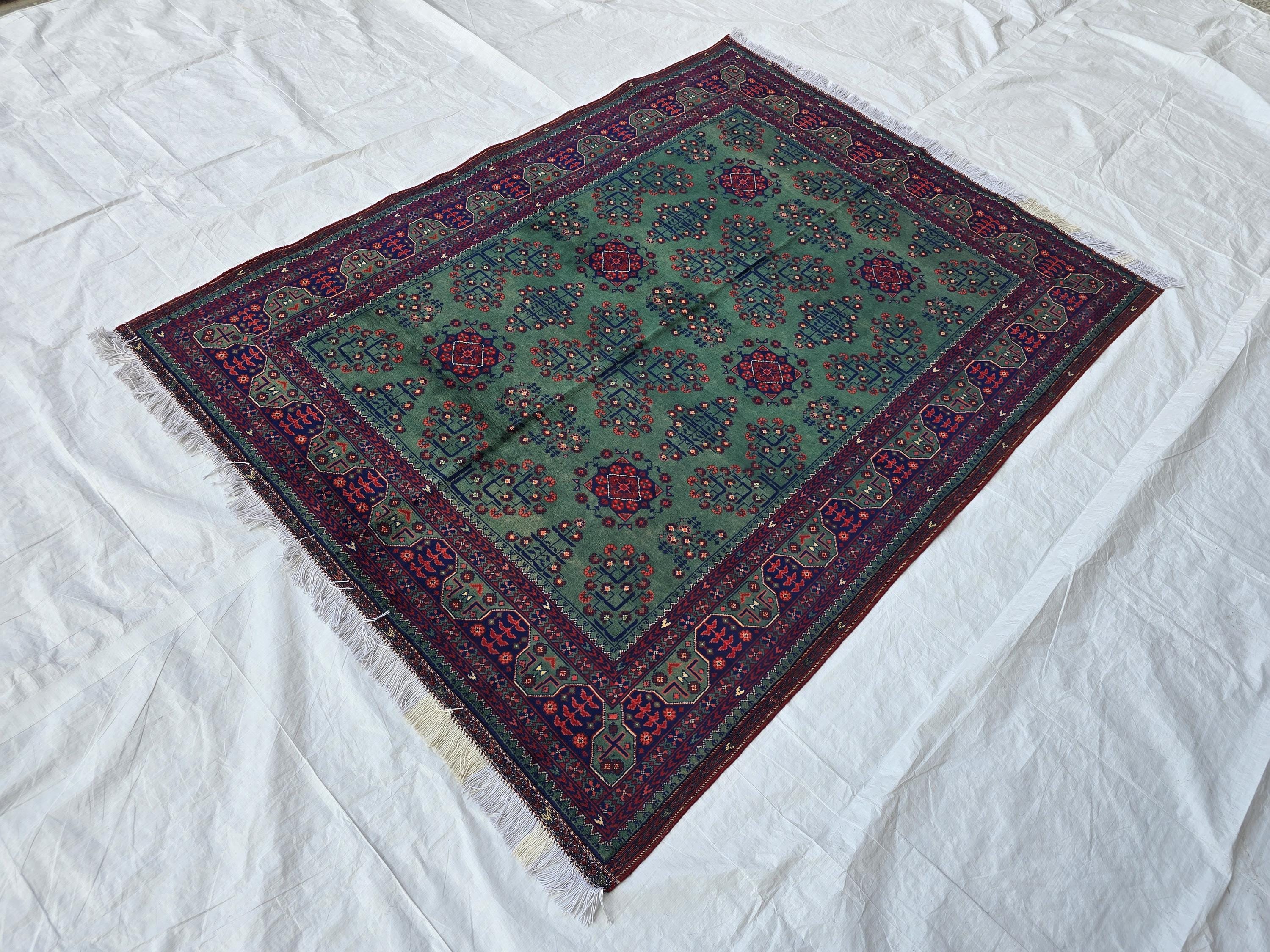 5x7ft, Afghan Handwoven Bukhara Rug, Turkmen Tribal Oriental Wool Rug, Rich Green and Red, Rug for Bedroom, Living Room Rug, Boho Home Decor