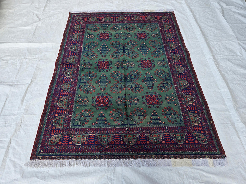 5x7ft, Afghan Handwoven Bukhara Rug, Turkmen Tribal Oriental Wool Rug, Rich Green and Red, Rug for Bedroom, Living Room Rug, Boho Home Decor