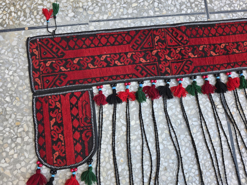 6.4ft Long Handwoven Turkmen Wall Hanging – Tribal Tassel Tapestry, Wool Decor, Red & Black Afghan Textile, Wall Decor Rug, Home Decor
