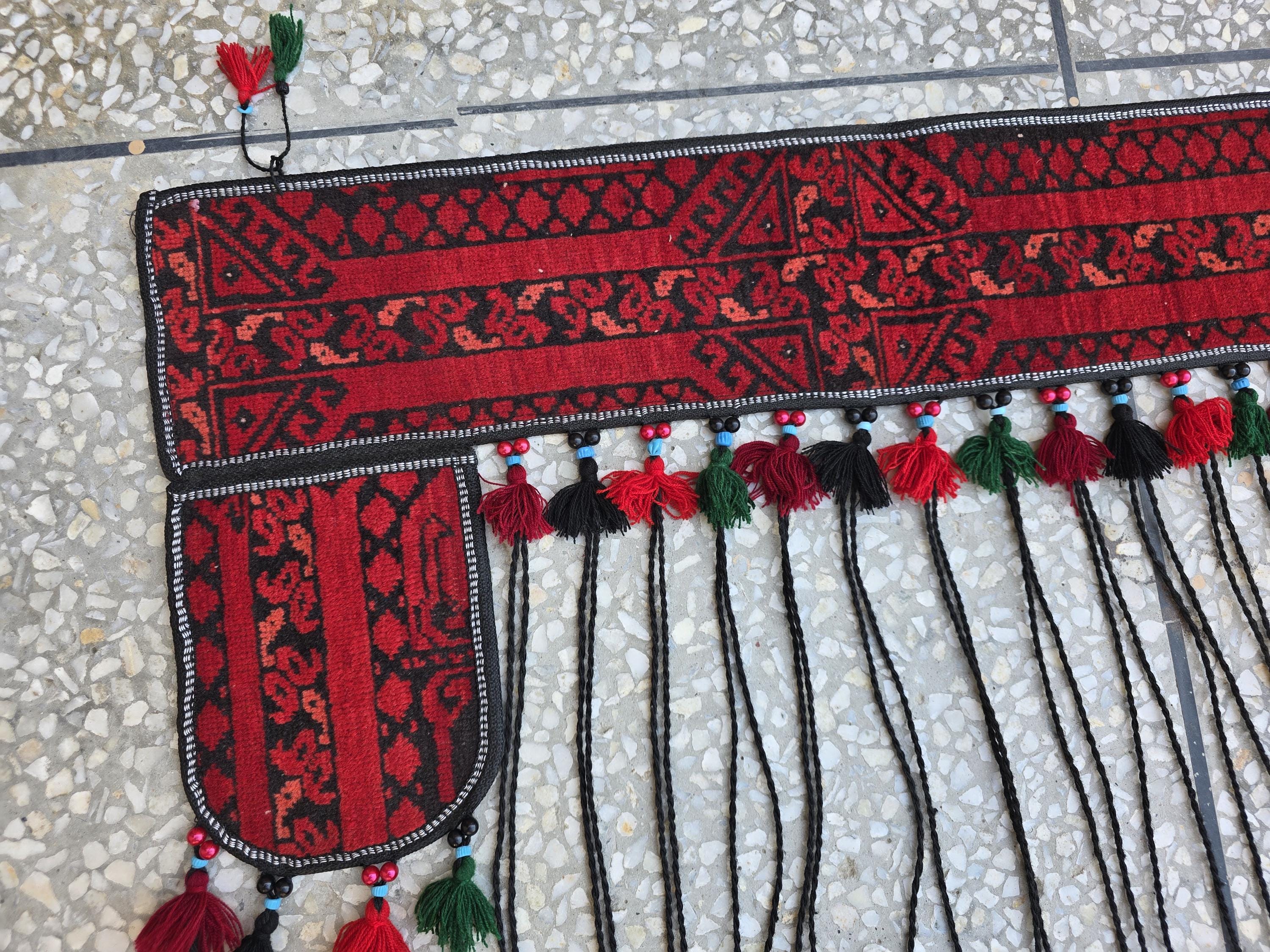 6.4ft Long Handwoven Turkmen Wall Hanging – Tribal Tassel Tapestry, Wool Decor, Red & Black Afghan Textile, Wall Decor Rug, Home Decor