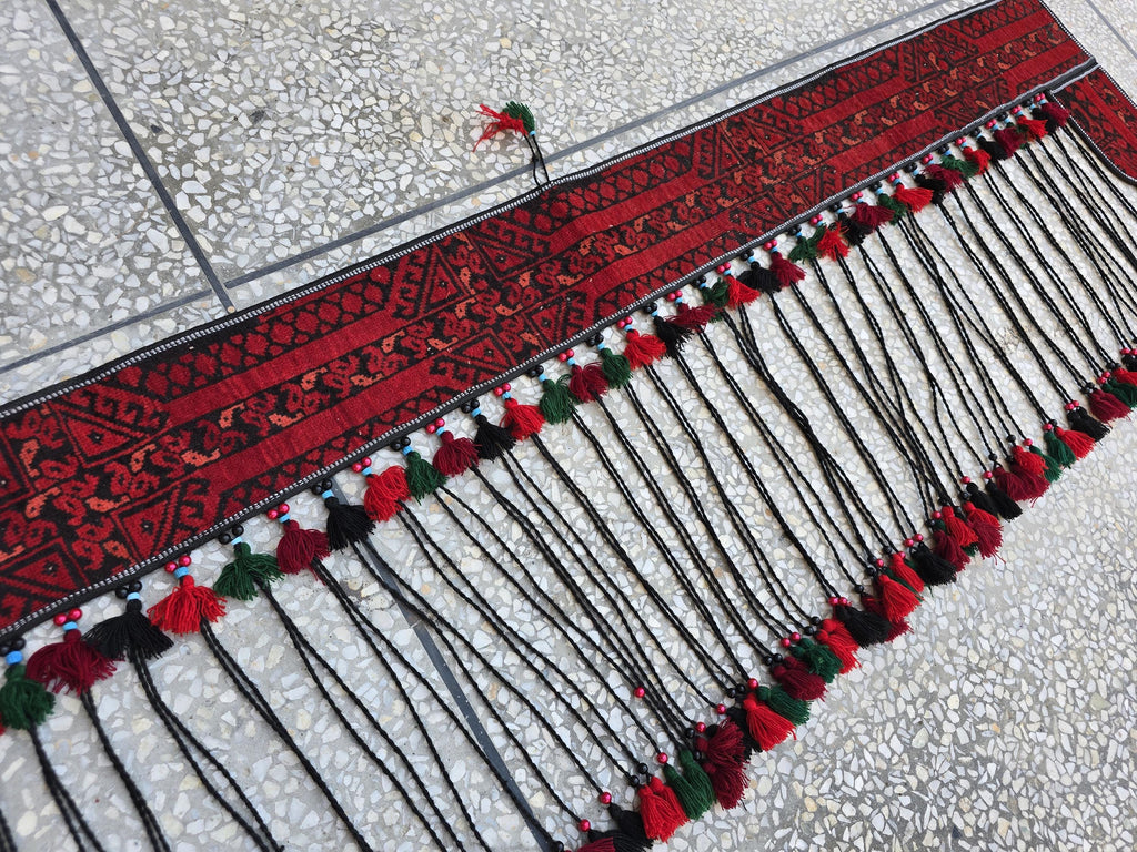 6.4ft Long Handwoven Turkmen Wall Hanging – Tribal Tassel Tapestry, Wool Decor, Red & Black Afghan Textile, Wall Decor Rug, Home Decor
