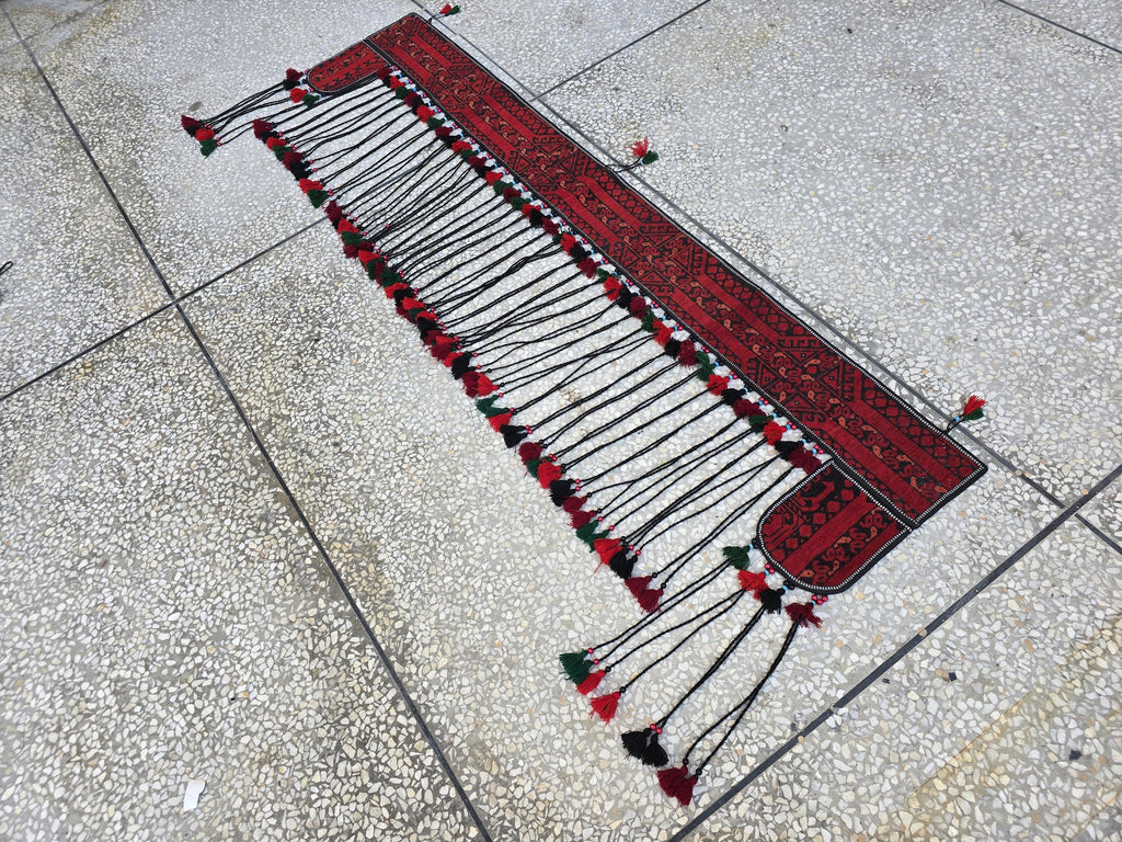 6.4ft Long Handwoven Turkmen Wall Hanging – Tribal Tassel Tapestry, Wool Decor, Red & Black Afghan Textile, Wall Decor Rug, Home Decor
