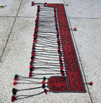 6.4ft Long Handwoven Turkmen Wall Hanging – Tribal Tassel Tapestry, Wool Decor, Red & Black Afghan Textile, Wall Decor Rug, Home Decor