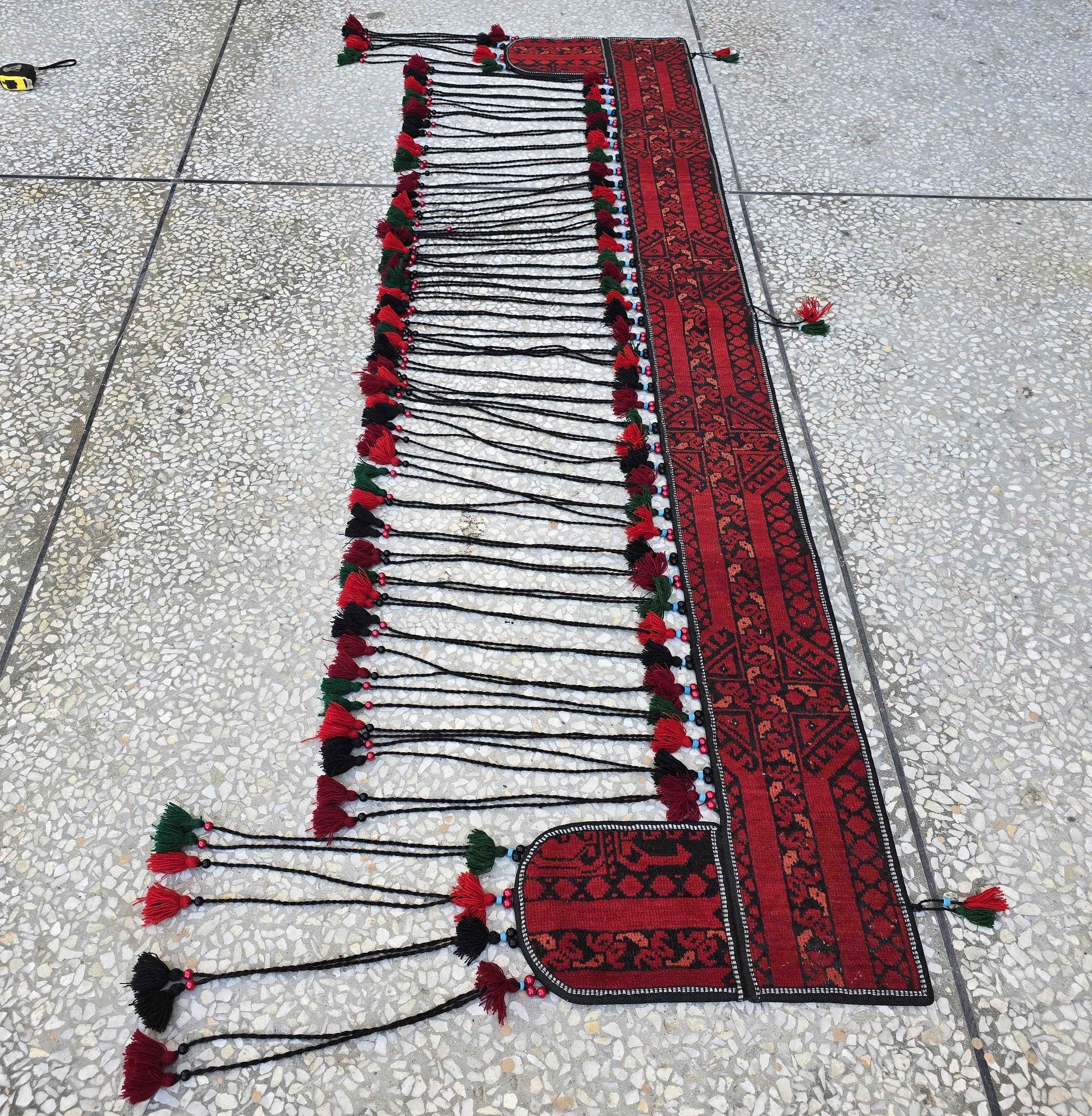 6.4ft Long Handwoven Turkmen Wall Hanging – Tribal Tassel Tapestry, Wool Decor, Red & Black Afghan Textile, Wall Decor Rug, Home Decor