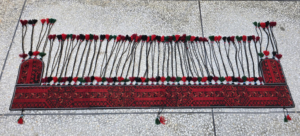 6.4ft Long Handwoven Turkmen Wall Hanging – Tribal Tassel Tapestry, Wool Decor, Red & Black Afghan Textile, Wall Decor Rug, Home Decor