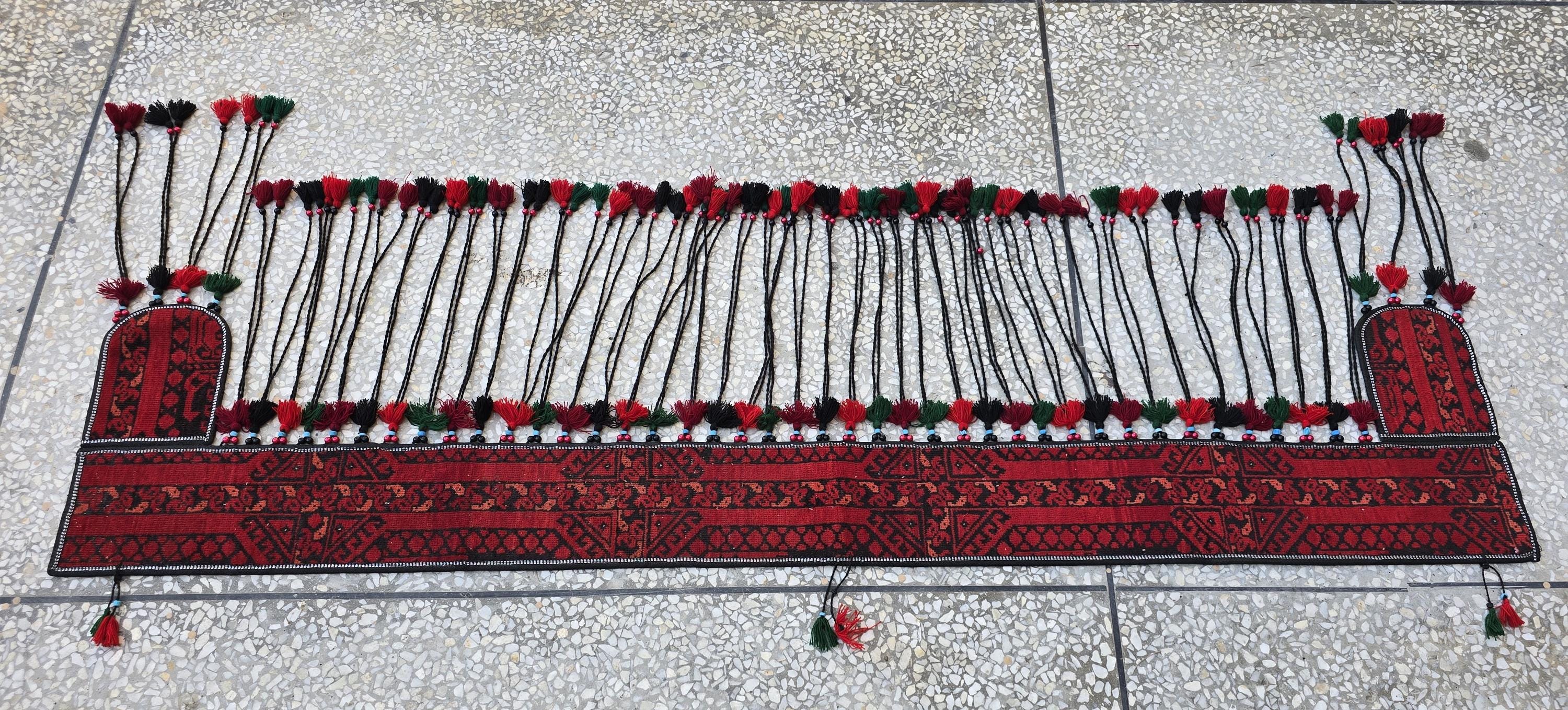 6.4ft Long Handwoven Turkmen Wall Hanging – Tribal Tassel Tapestry, Wool Decor, Red & Black Afghan Textile, Wall Decor Rug, Home Decor
