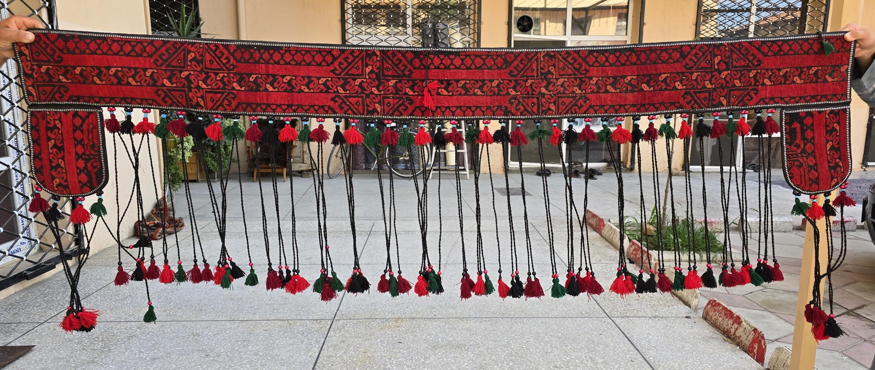 6.4ft Long Handwoven Turkmen Wall Hanging – Tribal Tassel Tapestry, Wool Decor, Red & Black Afghan Textile, Wall Decor Rug, Home Decor