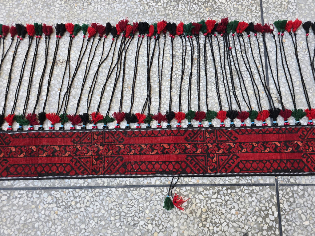 6.4ft Long Handwoven Turkmen Wall Hanging – Tribal Tassel Tapestry, Wool Decor, Red & Black Afghan Textile, Wall Decor Rug, Home Decor