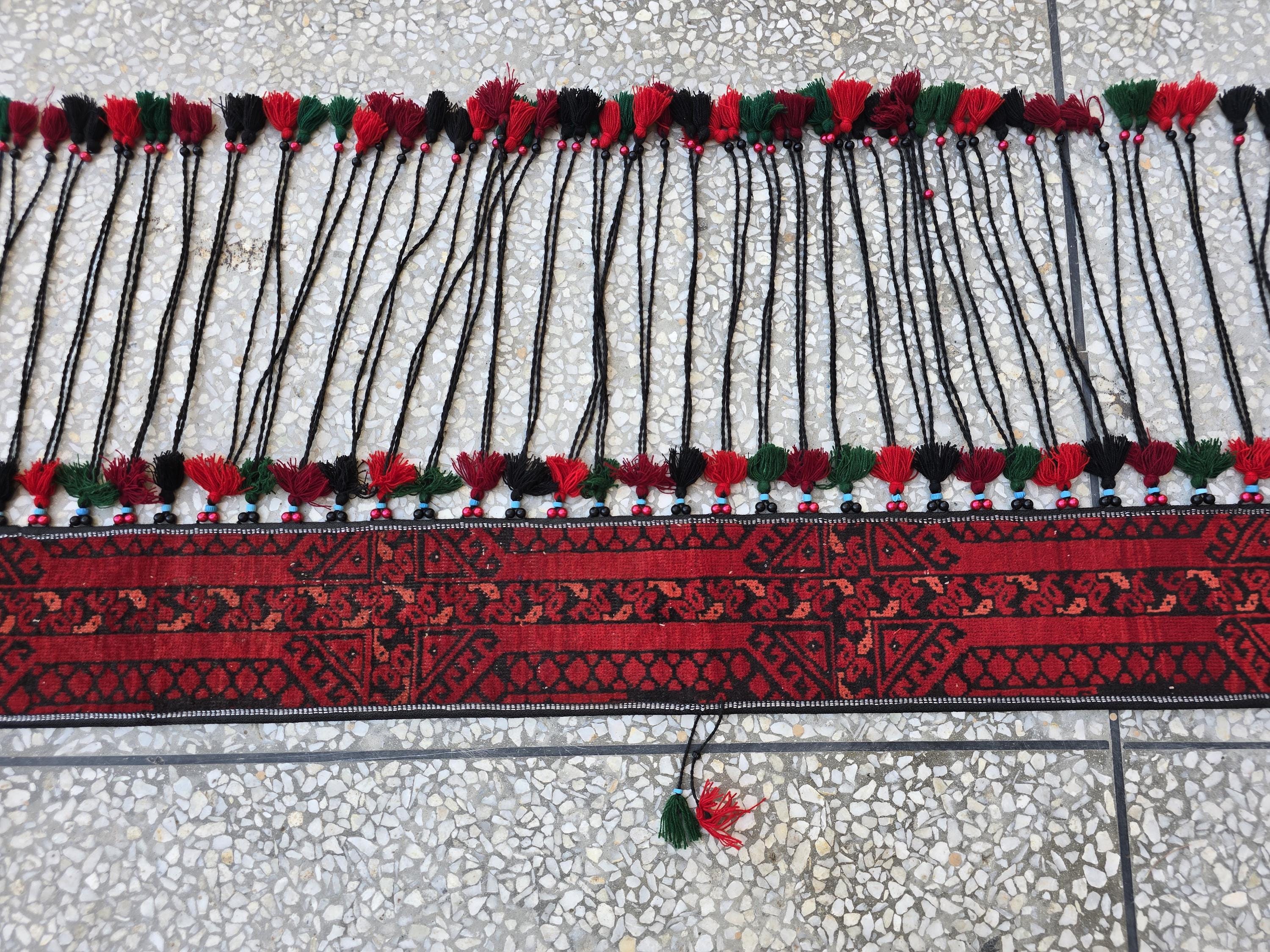 6.4ft Long Handwoven Turkmen Wall Hanging – Tribal Tassel Tapestry, Wool Decor, Red & Black Afghan Textile, Wall Decor Rug, Home Decor