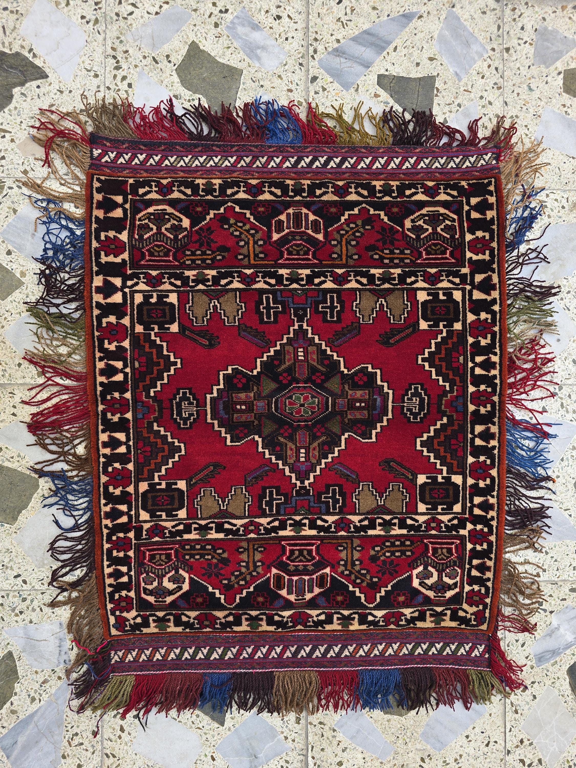 2x2 Vintage Afghan Handmade Wool Cushion, Turkmen Tribal Oriental Pillow Cover, Living Room Decor, Bedroom Decor, Collectible Item