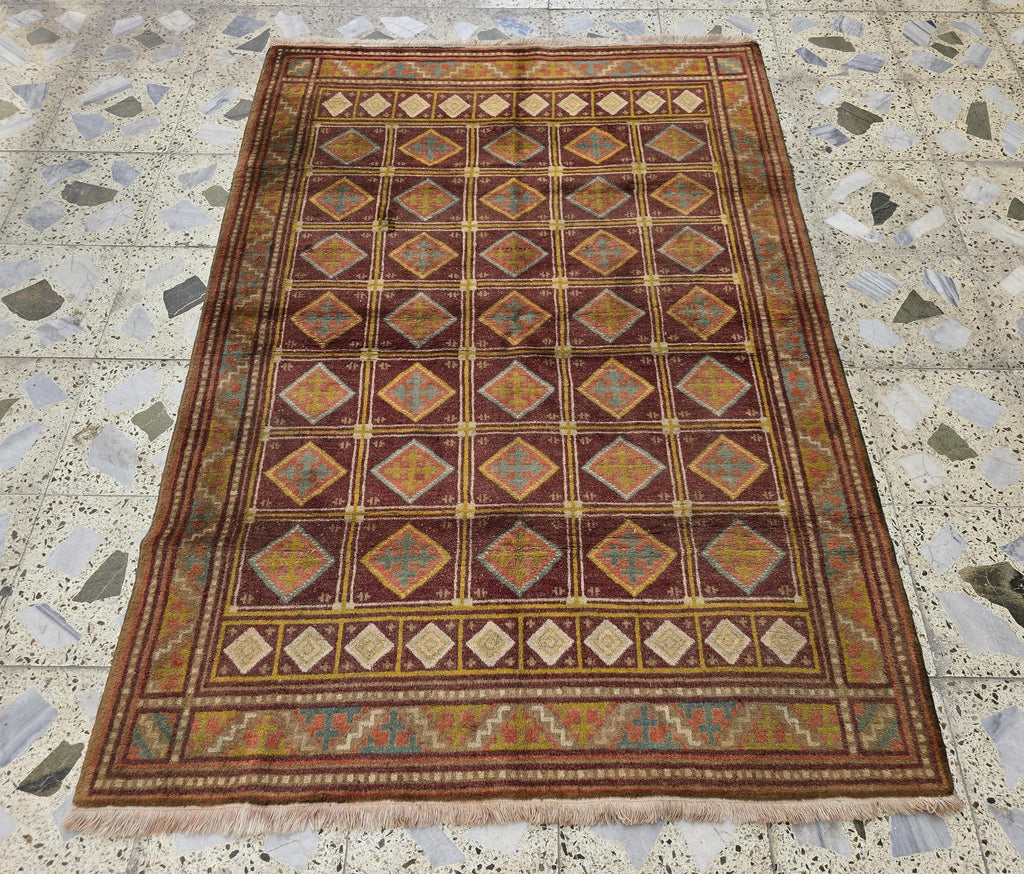 4x6 Vintage Afghan Handmade Wool Rug – Geometric Tribal Oriental Carpet, Red & Gold Area Rug, Collectible Item, Living Room Rug, Bedroom Rug
