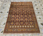 4x6 Vintage Afghan Handmade Wool Rug – Geometric Tribal Oriental Carpet, Red & Gold Area Rug, Collectible Item, Living Room Rug, Bedroom Rug