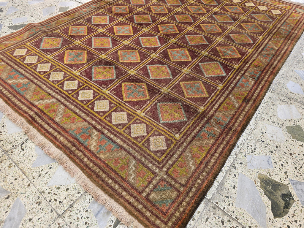 Vintage Afghan Wool Rug: 5.9 x 4.1 ft, Geometric Tribal Design