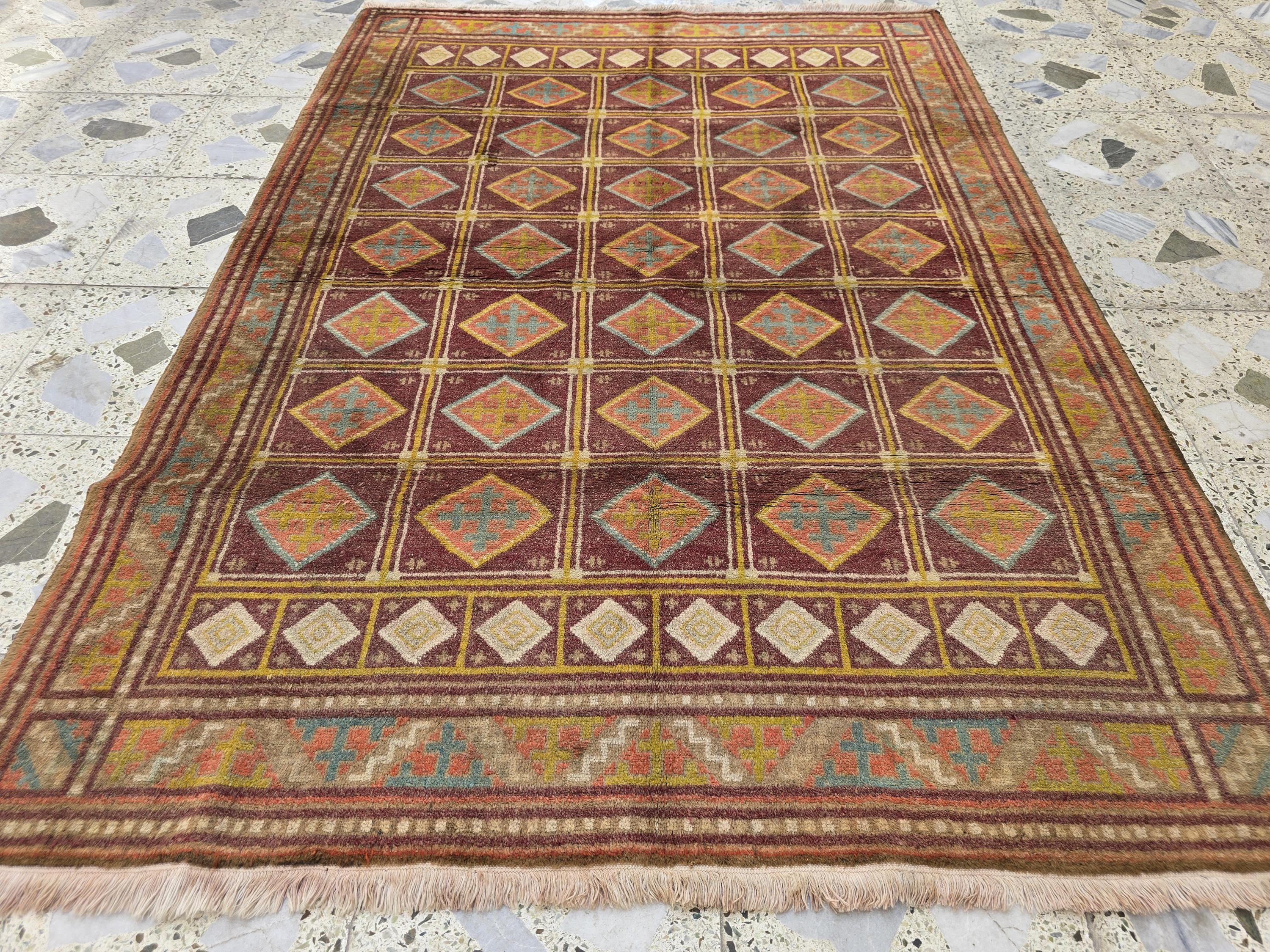 Vintage Afghan Wool Rug: 5.9 x 4.1 ft, Geometric Tribal Design