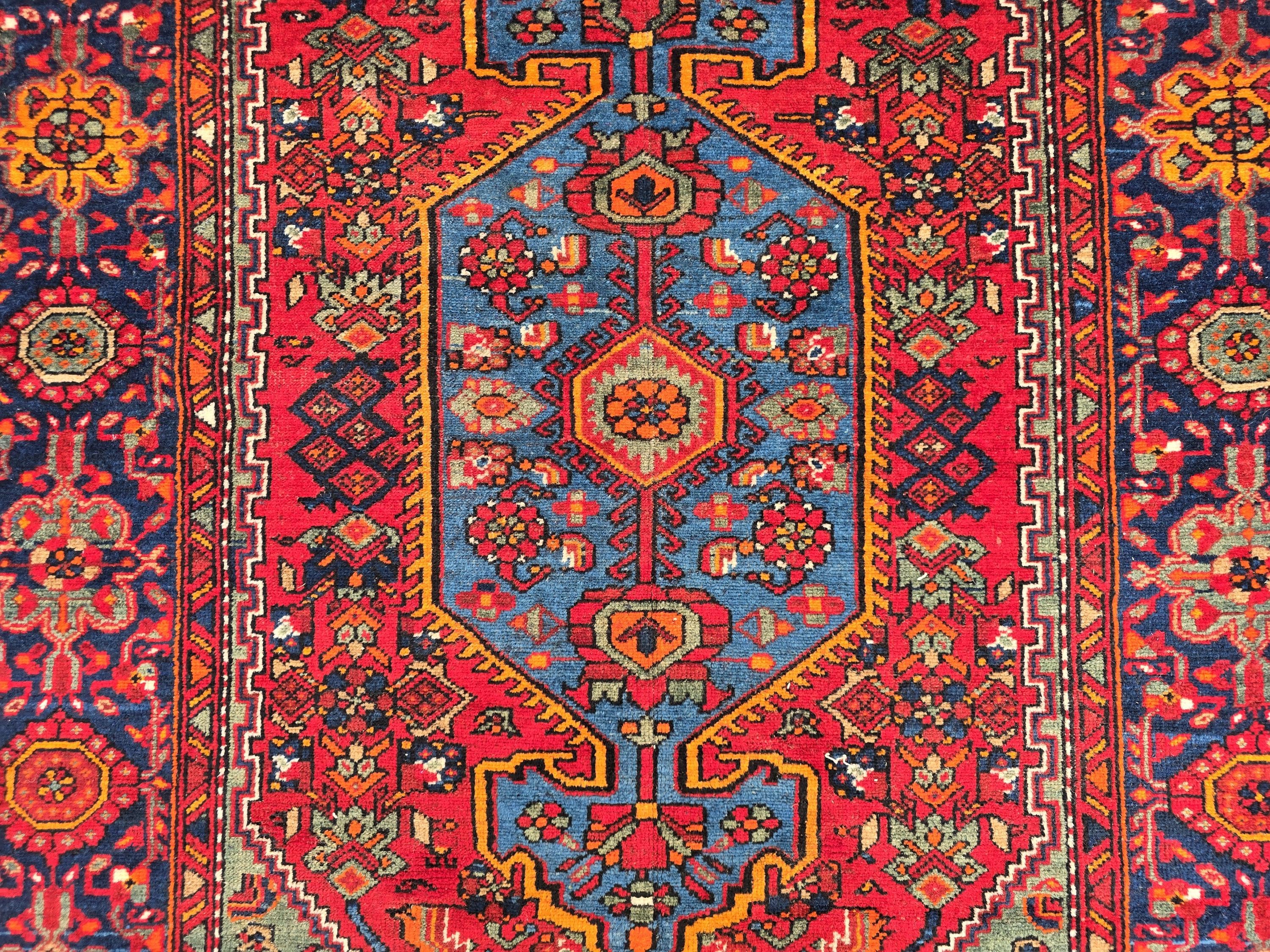 Antique Afghan Rug 4x7ft |Handmade Wool Persian Tribal Carpet | Red & Blue Oriental Vintage Area Rug | Boho Farmhouse Decor, Living Room Rug