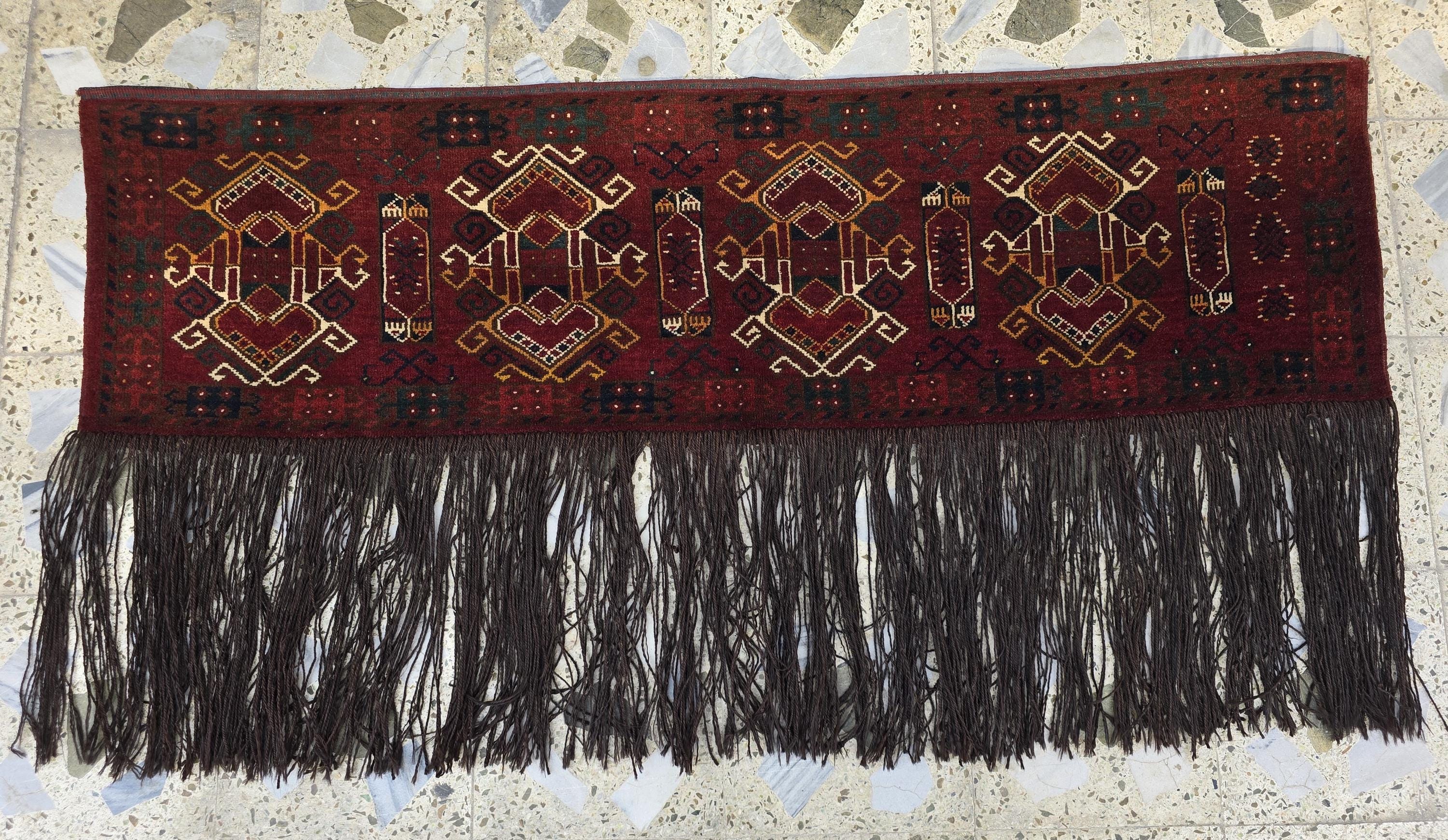 Vintage Afghan Wall Hanging Rug 2x5ft | 55 Year Old Tribal Handmade Wool Tapestry | Antique Baluch Textile with Fringe | Boho Oriental Decor