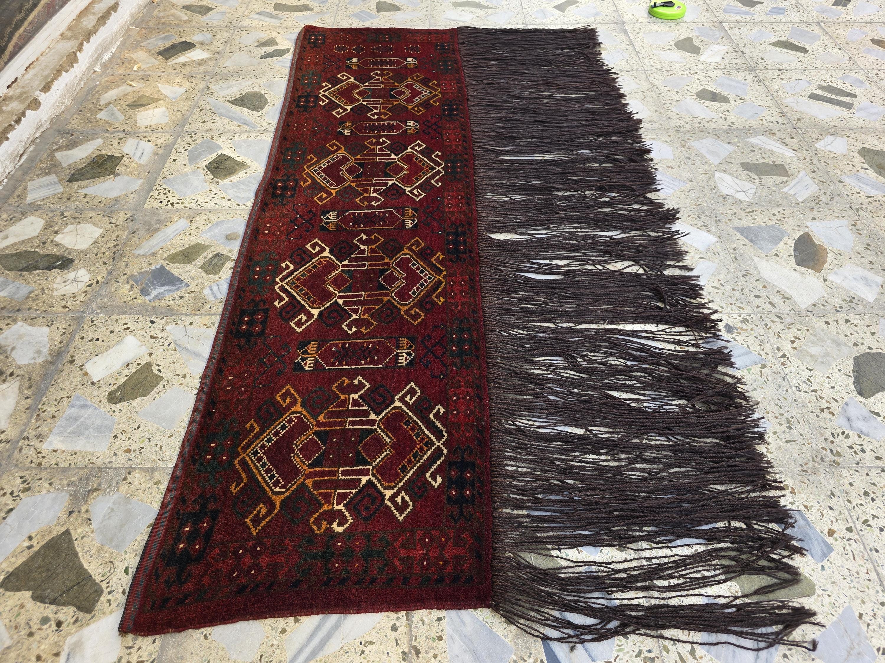 Vintage Afghan Wall Hanging Rug 2x5ft | 55 Year Old Tribal Handmade Wool Tapestry | Antique Baluch Textile with Fringe | Boho Oriental Decor