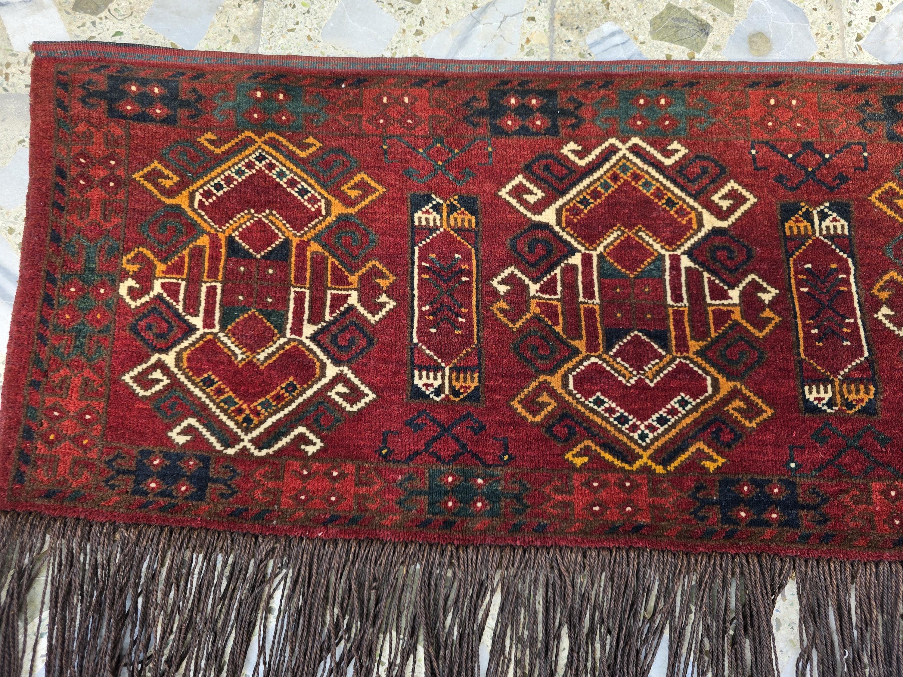 Vintage Afghan Wall Hanging Rug 2x5ft | 55 Year Old Tribal Handmade Wool Tapestry | Antique Baluch Textile with Fringe | Boho Oriental Decor