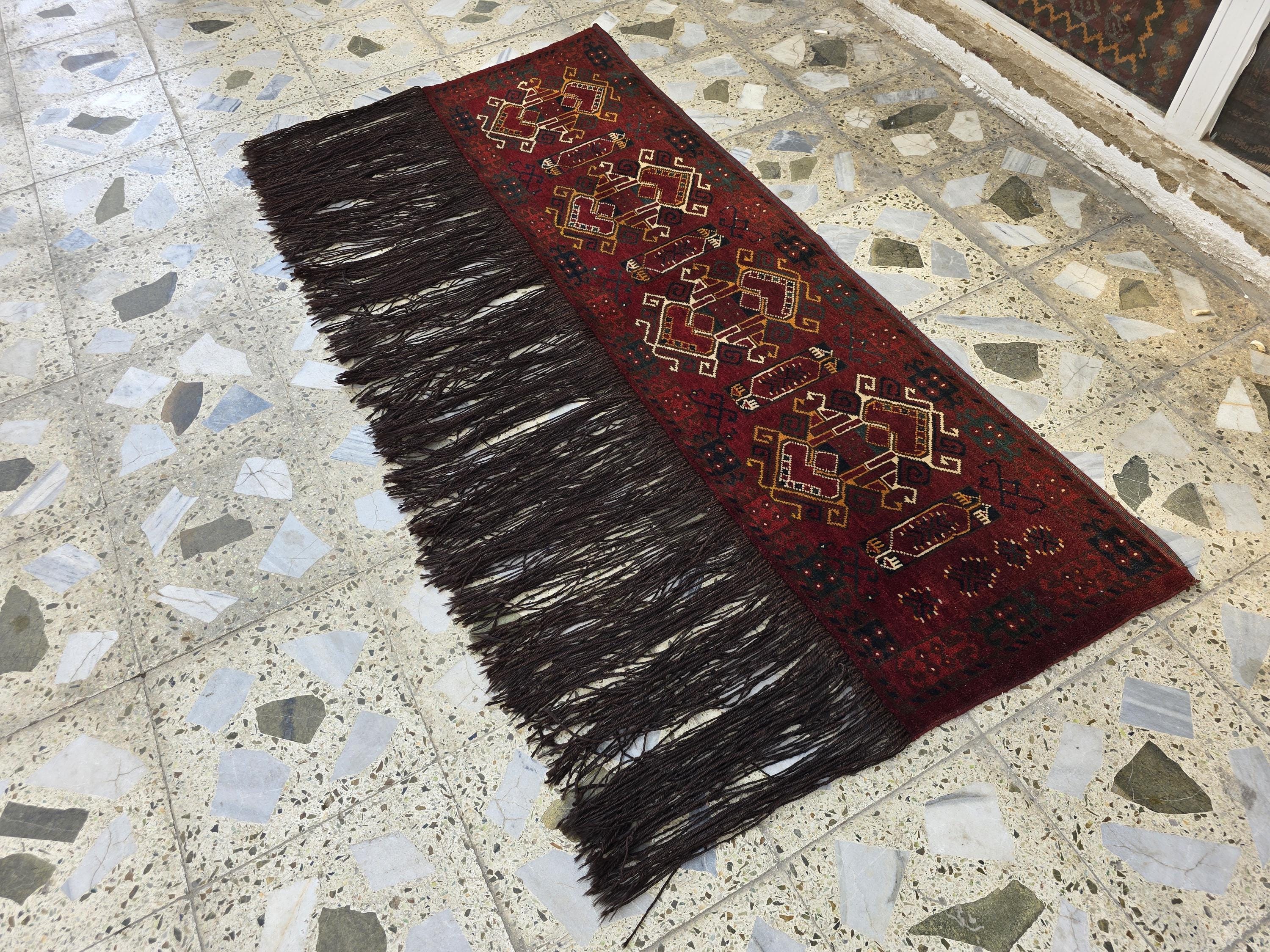 Vintage Afghan Wall Hanging Rug 2x5ft | 55 Year Old Tribal Handmade Wool Tapestry | Antique Baluch Textile with Fringe | Boho Oriental Decor