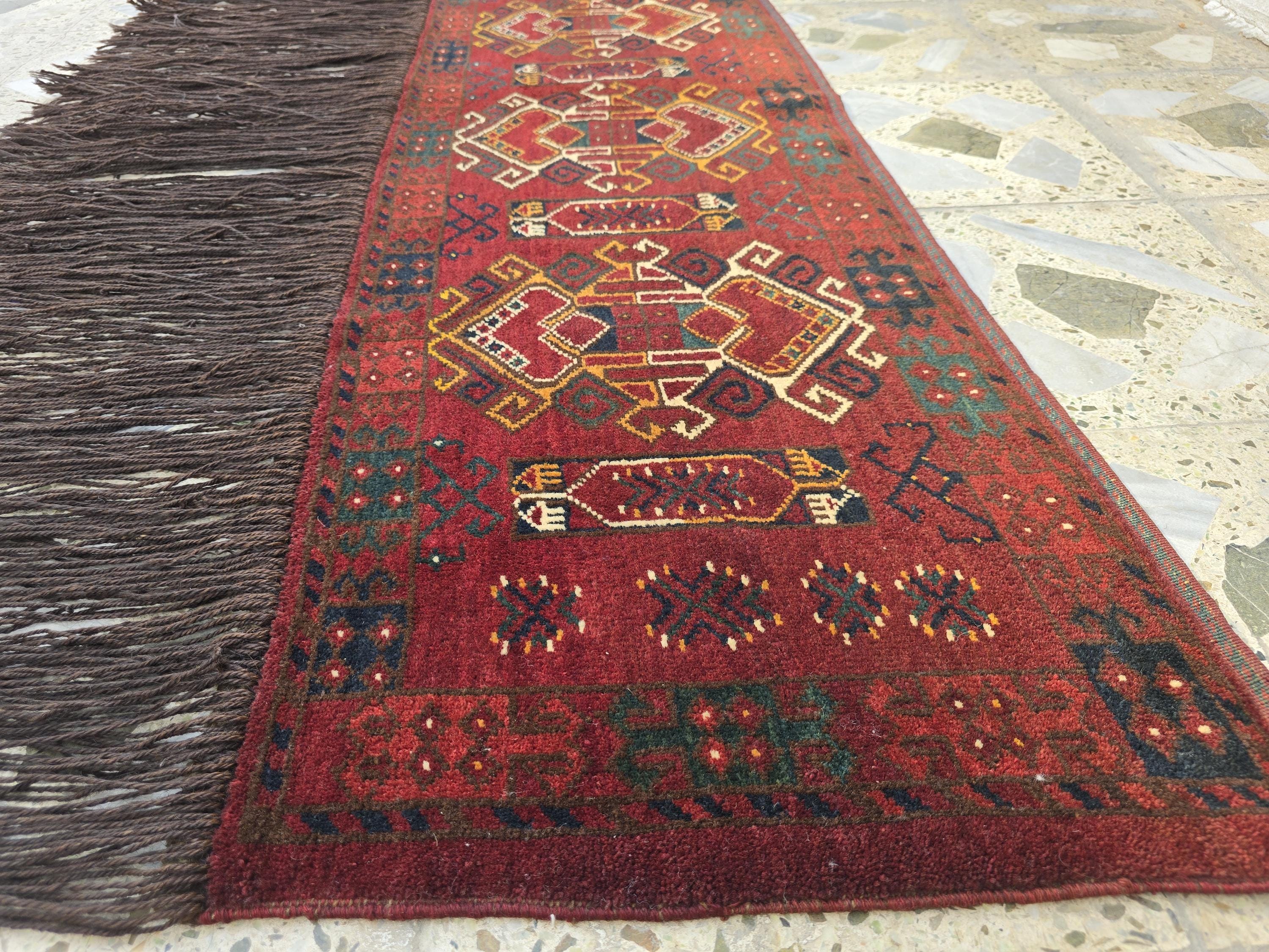 Vintage Afghan Wall Hanging Rug 2x5ft | 55 Year Old Tribal Handmade Wool Tapestry | Antique Baluch Textile with Fringe | Boho Oriental Decor