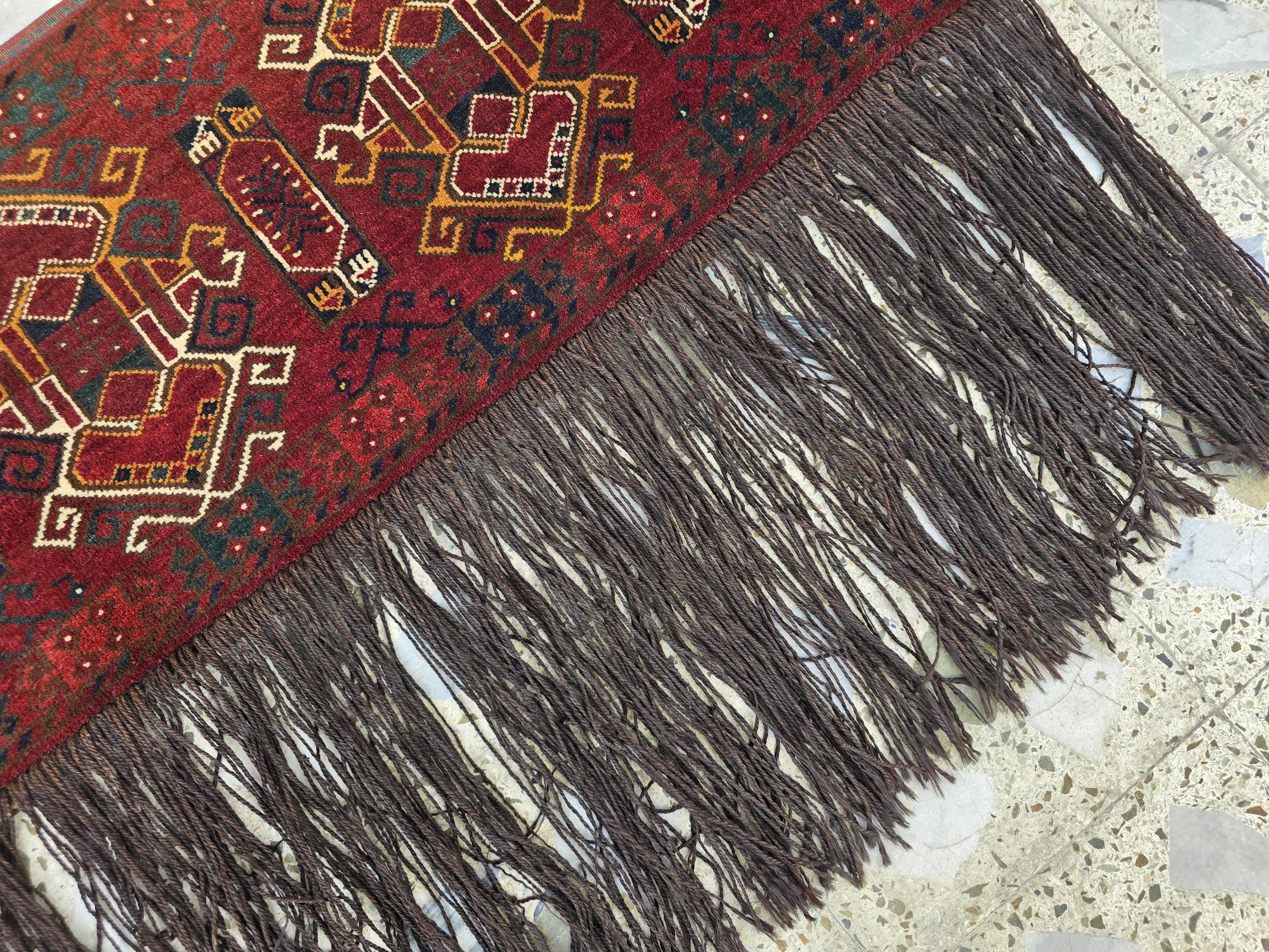 Vintage Afghan Wall Hanging Rug 2x5ft | 55 Year Old Tribal Handmade Wool Tapestry | Antique Baluch Textile with Fringe | Boho Oriental Decor