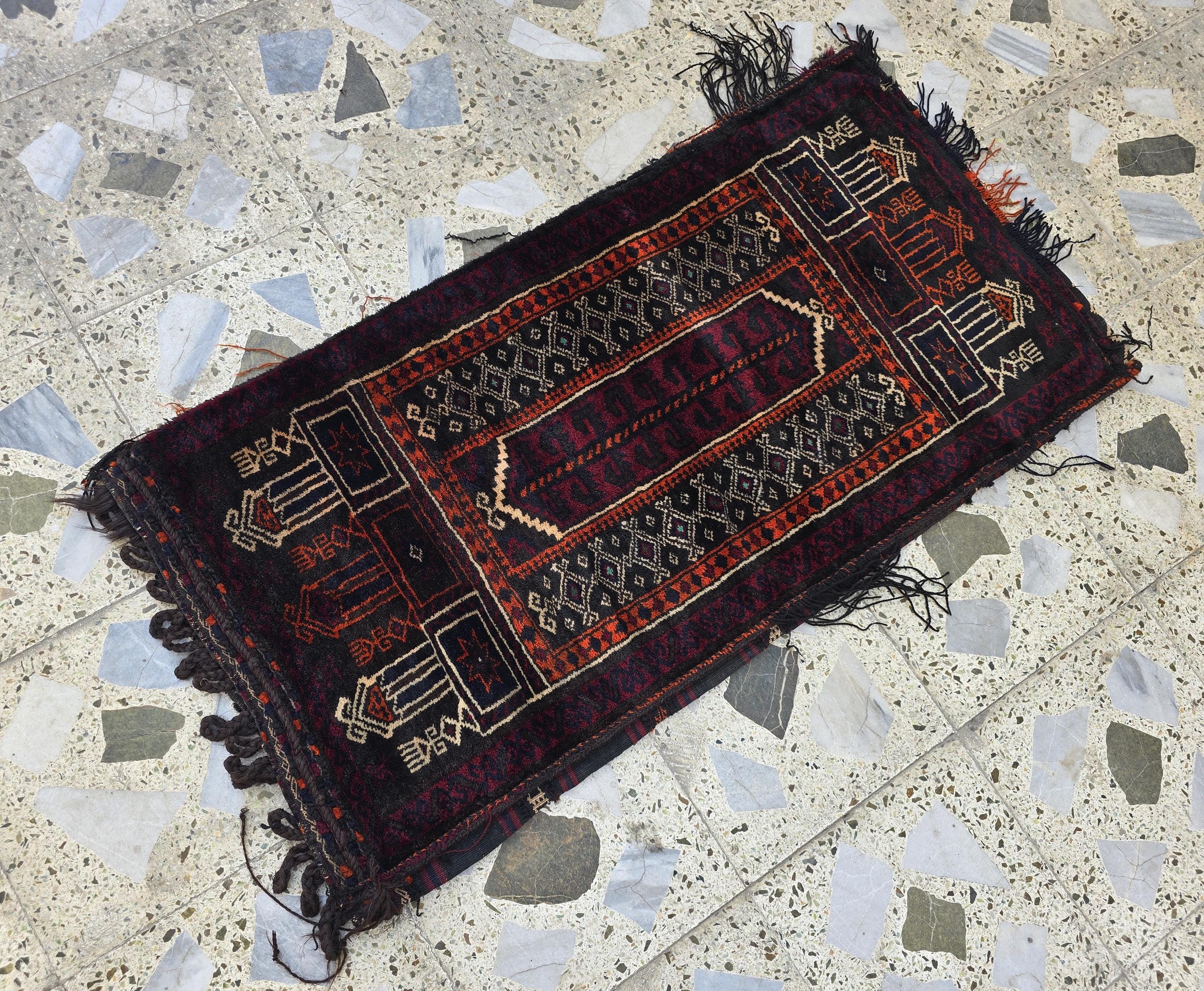 Vintage Afghan Cushion Cover Rug 3.6x1.8 ft – Handwoven Tribal Wool Carpet, Antique Small Antique Piece, Oriental Boho Decor