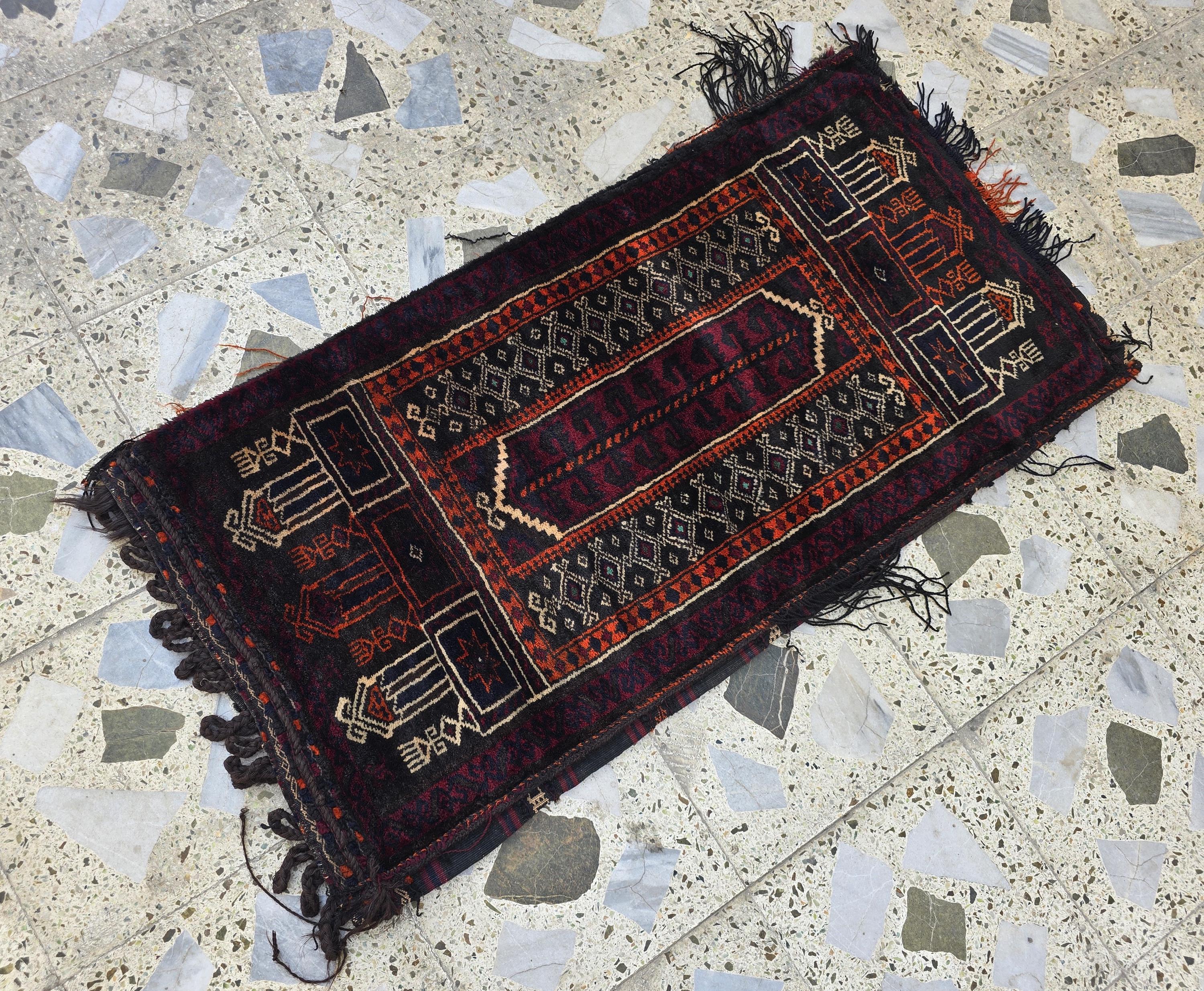 Vintage Afghan Cushion Cover: Handwoven Wool Tribal Rug, 3.6x1.8 ft