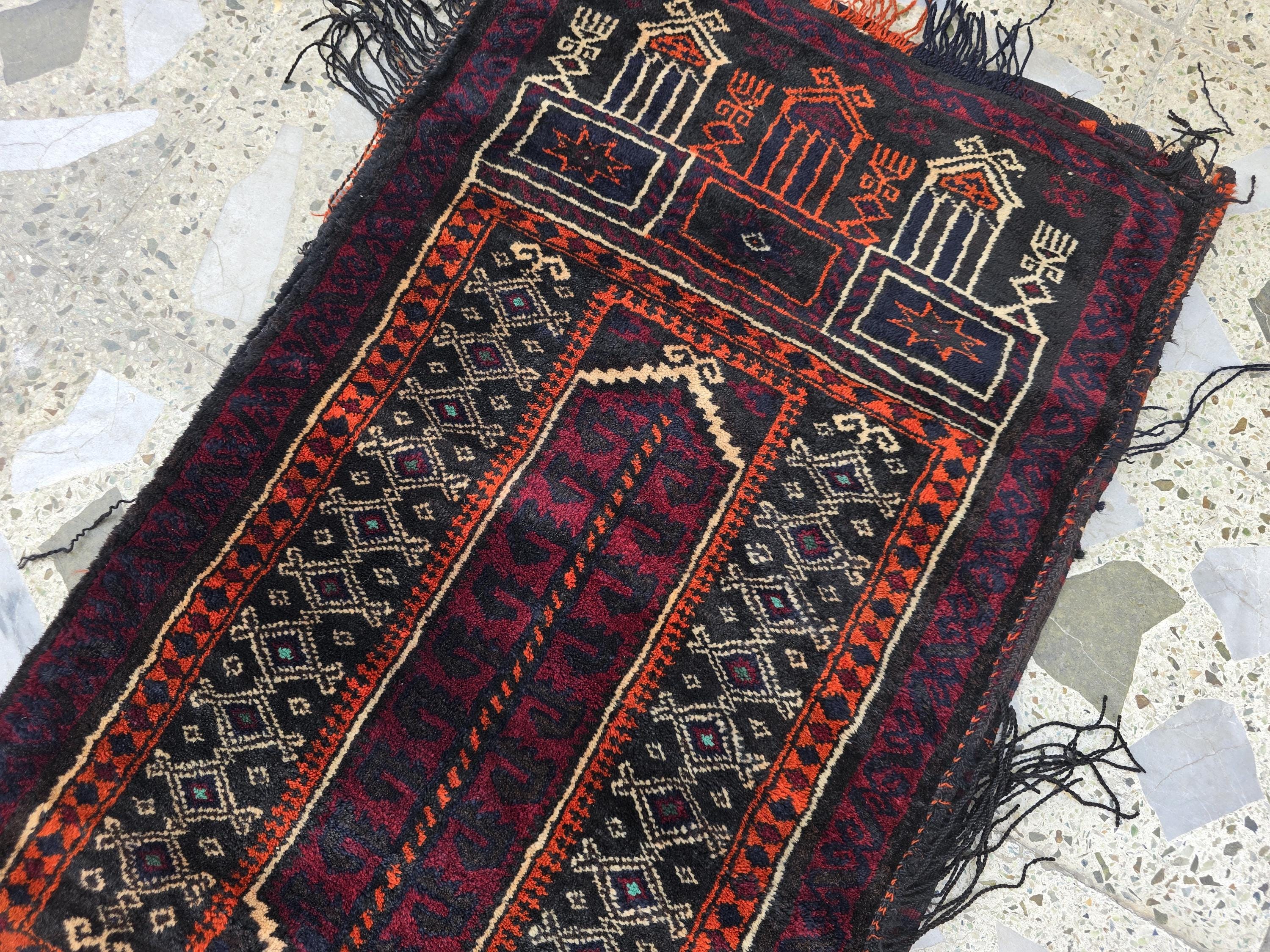 Vintage Afghan Cushion Cover Rug 3.6x1.8 ft – Handwoven Tribal Wool Carpet, Antique Small Antique Piece, Oriental Boho Decor
