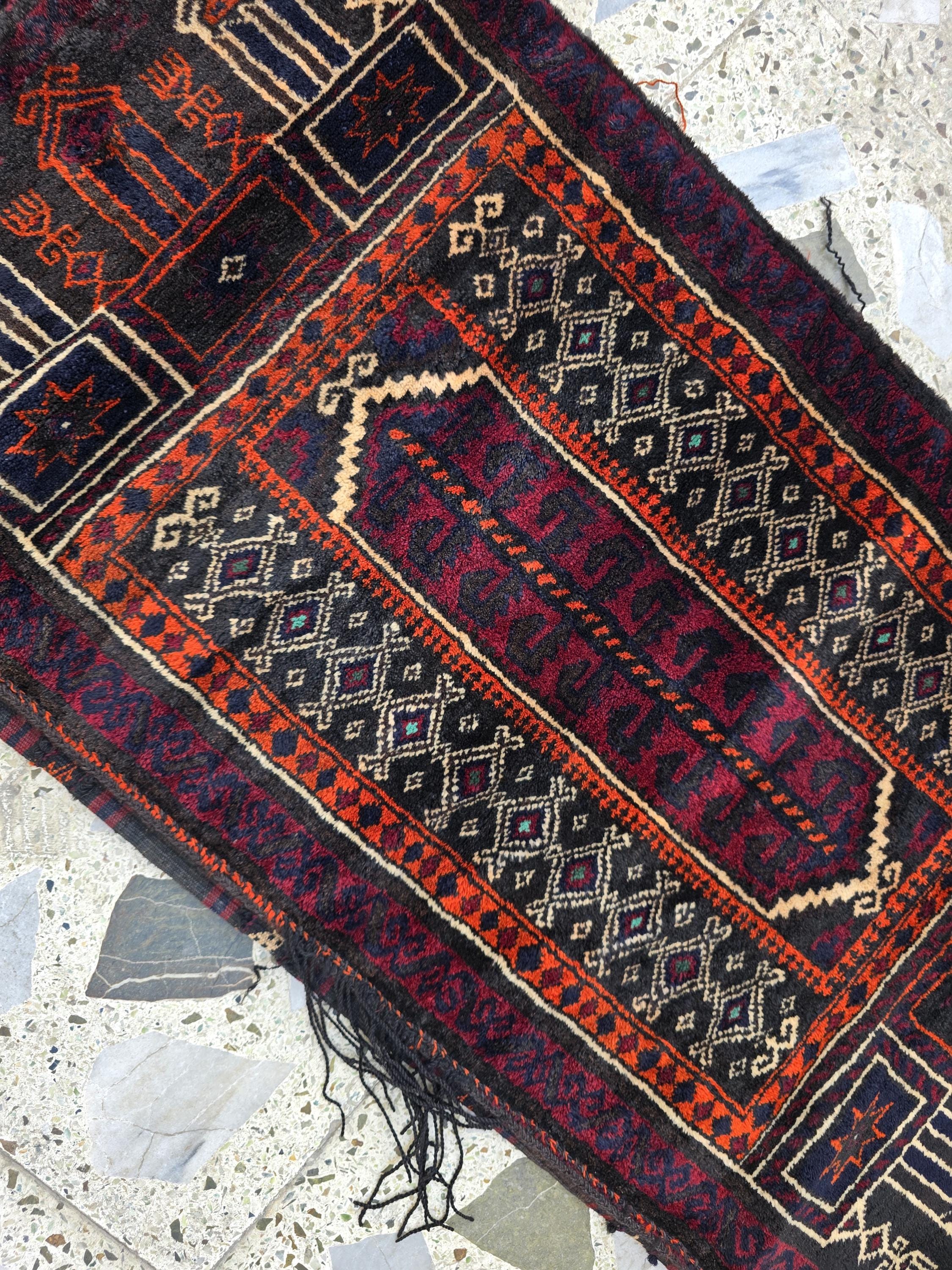 Vintage Afghan Cushion Cover Rug 3.6x1.8 ft – Handwoven Tribal Wool Carpet, Antique Small Antique Piece, Oriental Boho Decor