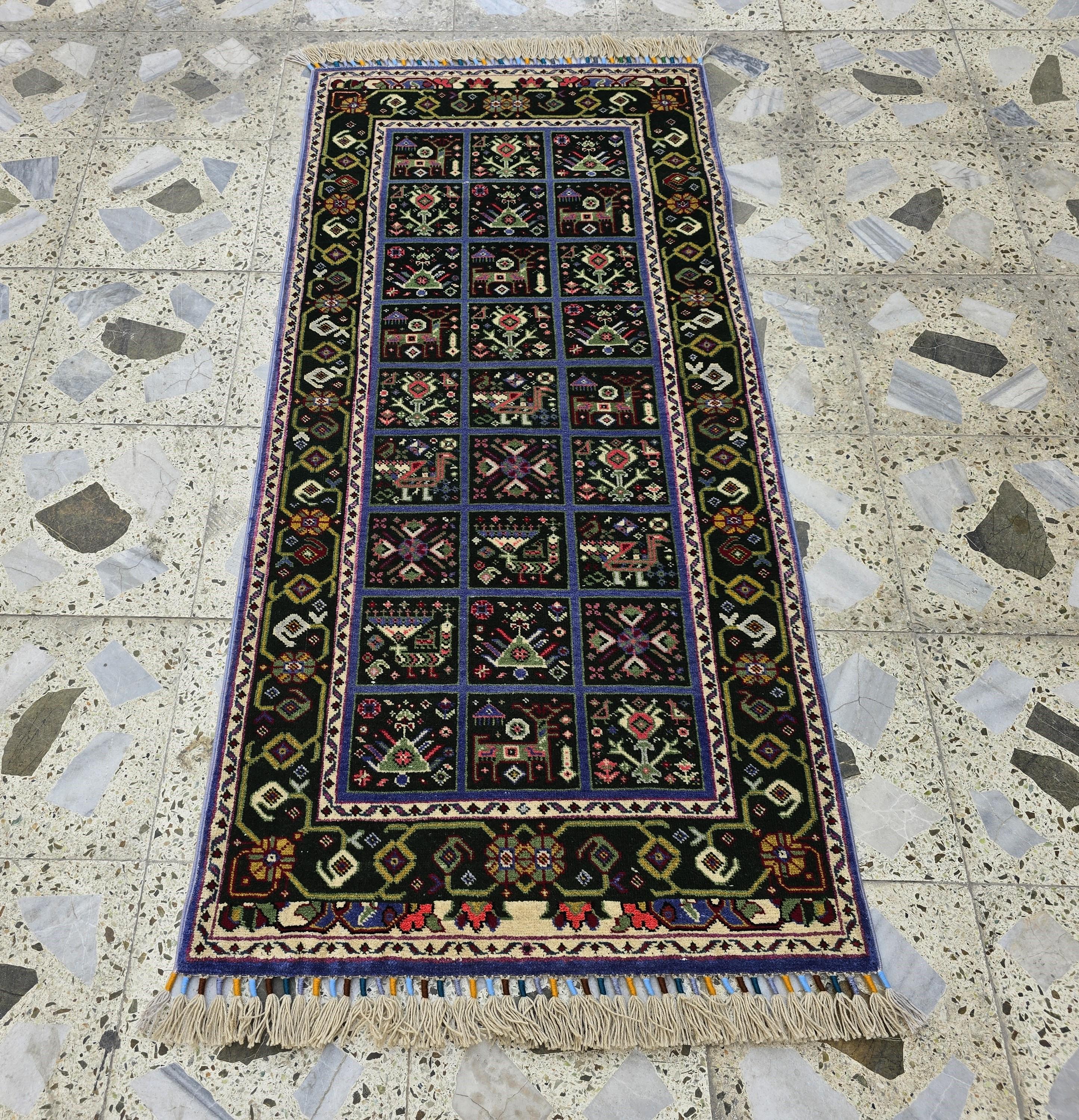 Handmade Afghan Wool Runner Rug: Colorful Geometric Tribal Design, 2x5