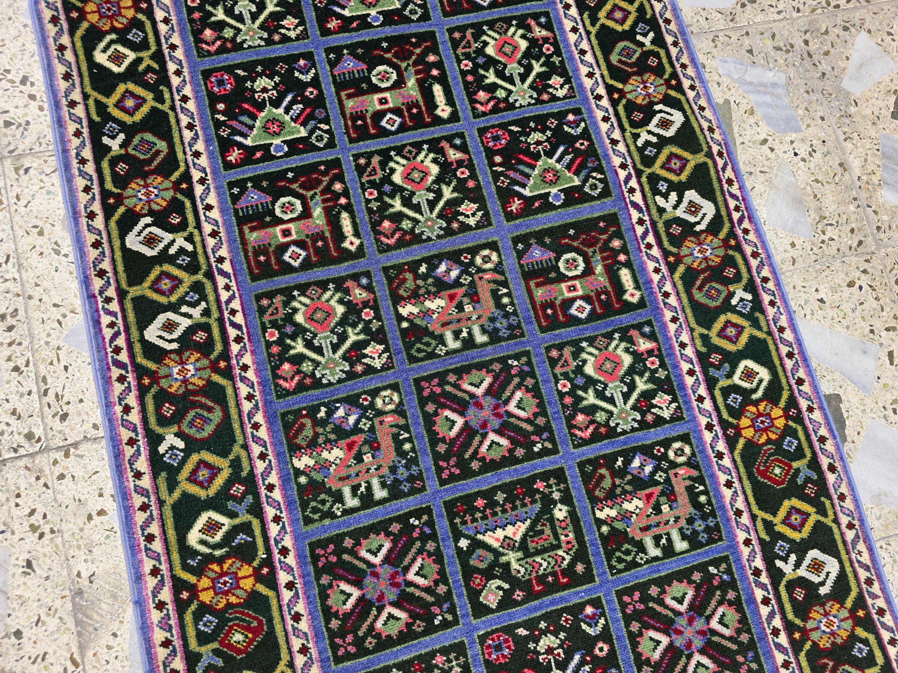 Handmade Afghan Wool Runner Rug: Colorful Geometric Tribal Design, 2x5