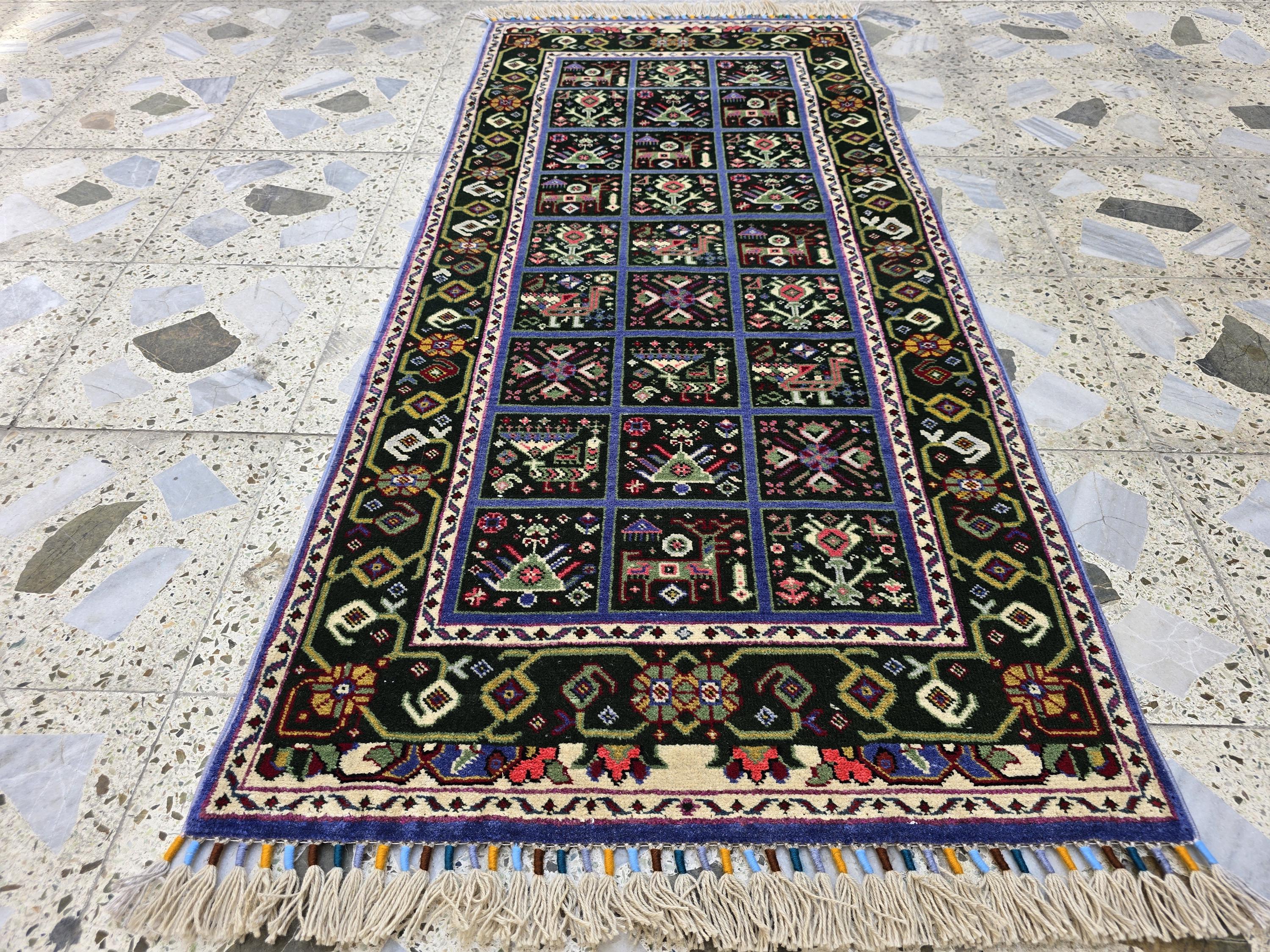 Handmade Afghan Wool Runner Rug: Colorful Geometric Tribal Design, 2x5
