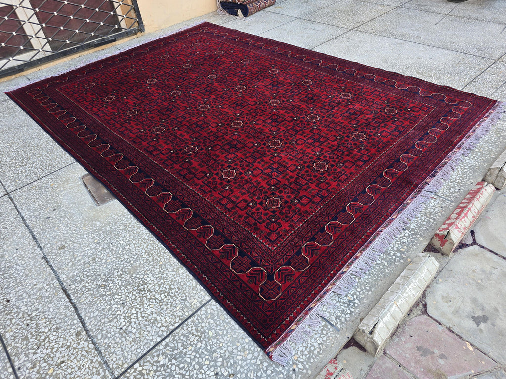 8x11 Large Afghan Handwoven Bukhara Carpet, Turkmen Soft Oriental Red and Blue Wool Rug, Boho Home Decor, Large Living Room Rug, Bedroom Rug