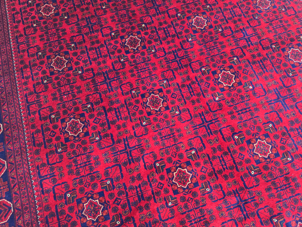 8x11 Large Afghan Handwoven Bukhara Carpet, Turkmen Soft Oriental Red and Blue Wool Rug, Boho Home Decor, Large Living Room Rug, Bedroom Rug