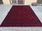 8x11 Large Afghan Handwoven Bukhara Carpet, Turkmen Soft Oriental Red and Blue Wool Rug, Boho Home Decor, Large Living Room Rug, Bedroom Rug