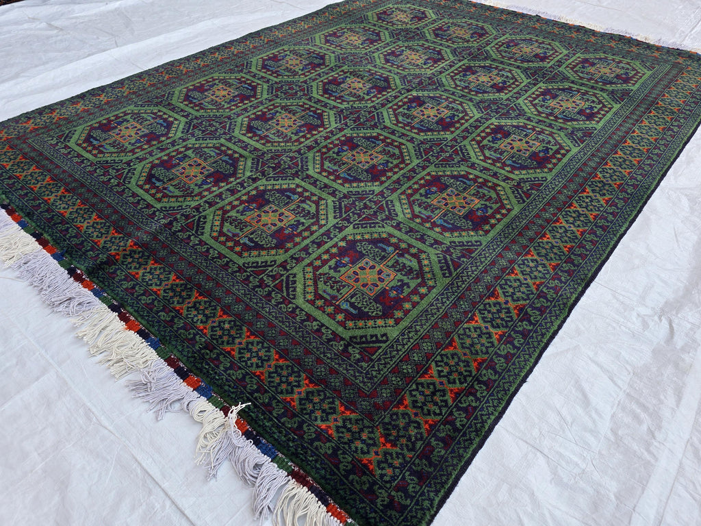 5x7 Green Bukhara Afghan Handwoven Soft Rug, Turkmen Tribal Oriental Wool Area Rug, Boho Home Decor, Living Room Rug, Bedroom Rug 206x150 cm