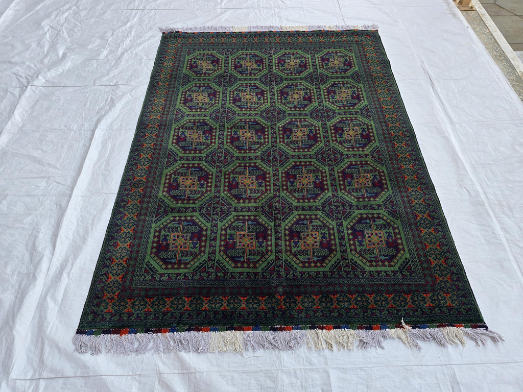 5x7 Green Bukhara Afghan Handwoven Soft Rug, Turkmen Tribal Oriental Wool Area Rug, Boho Home Decor, Living Room Rug, Bedroom Rug 206x150 cm