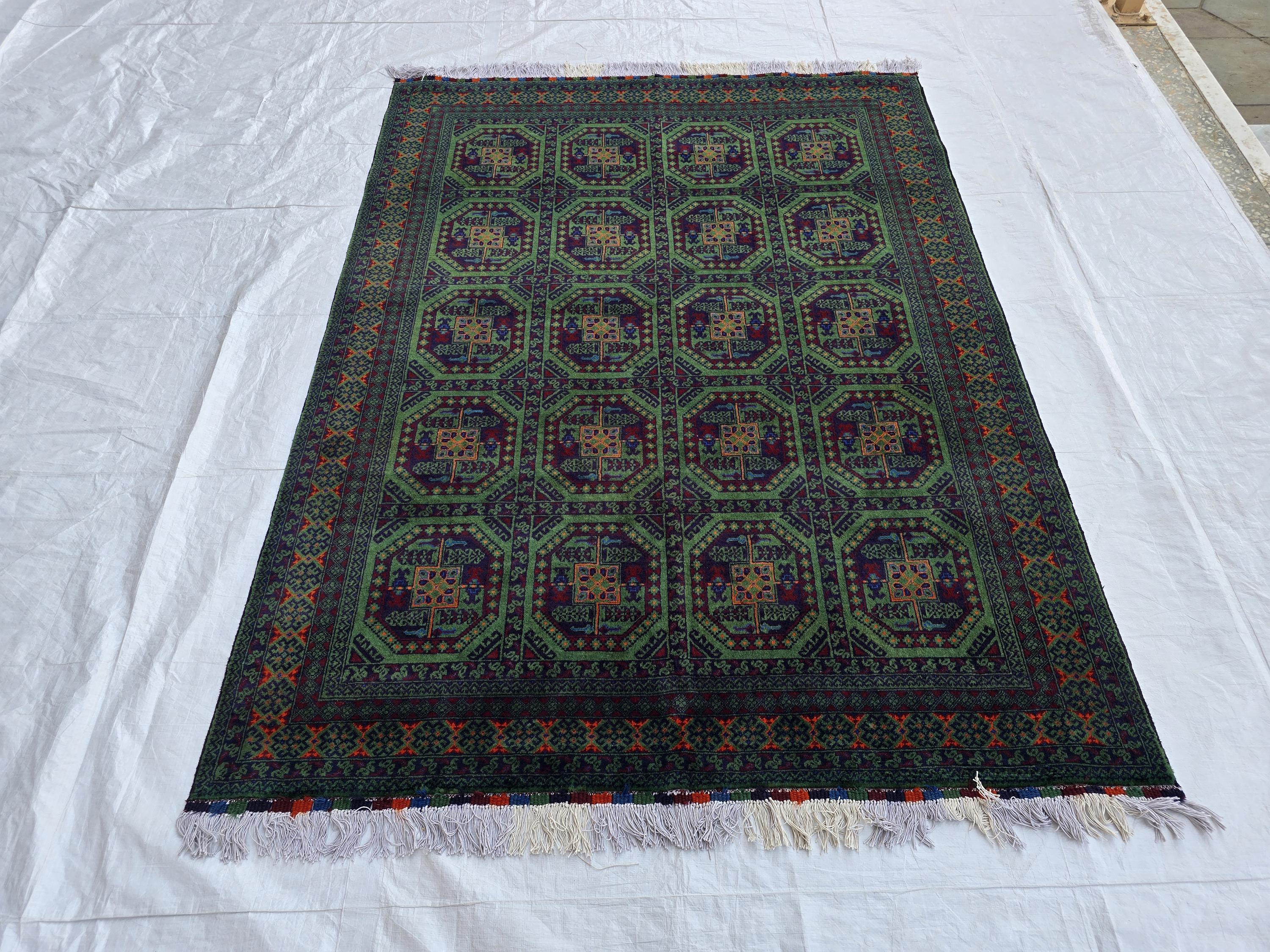 5x7 Green Bukhara Afghan Handwoven Soft Rug, Turkmen Tribal Oriental Wool Area Rug, Boho Home Decor, Living Room Rug, Bedroom Rug 206x150 cm