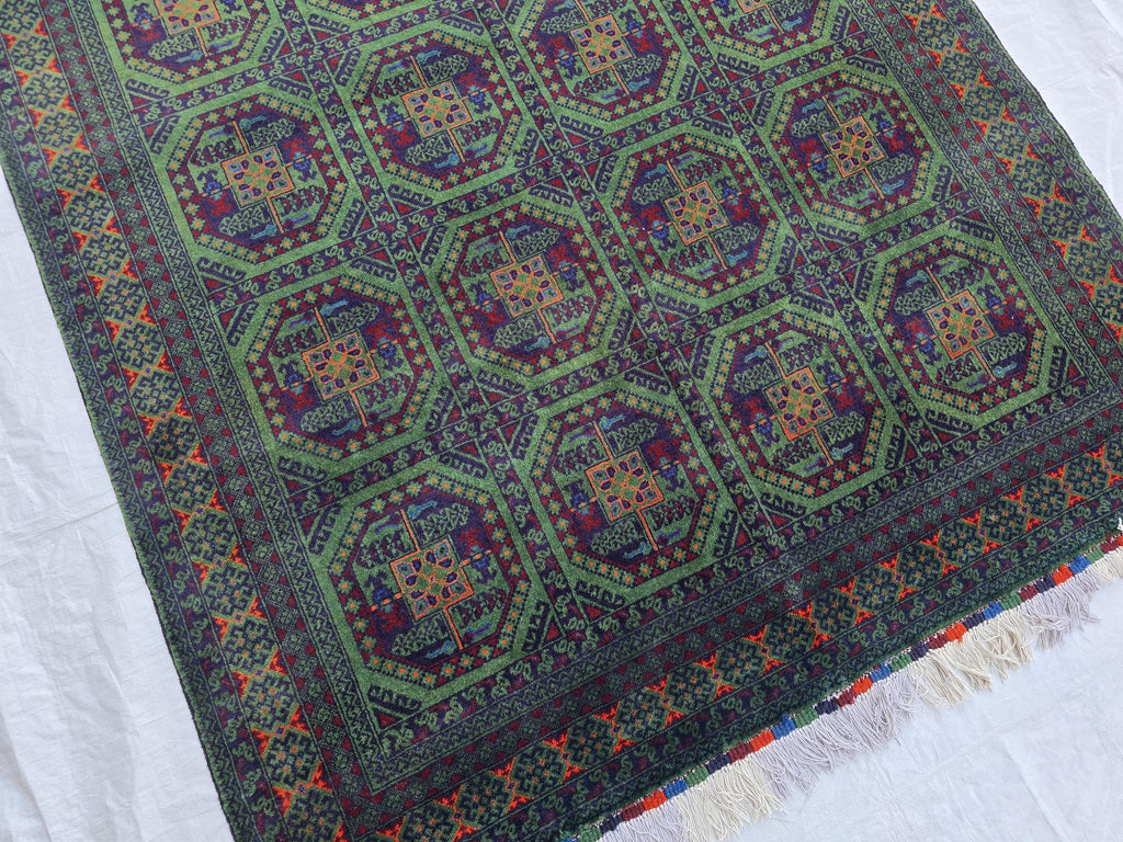 5x7 Green Bukhara Afghan Handwoven Soft Rug, Turkmen Tribal Oriental Wool Area Rug, Boho Home Decor, Living Room Rug, Bedroom Rug 206x150 cm