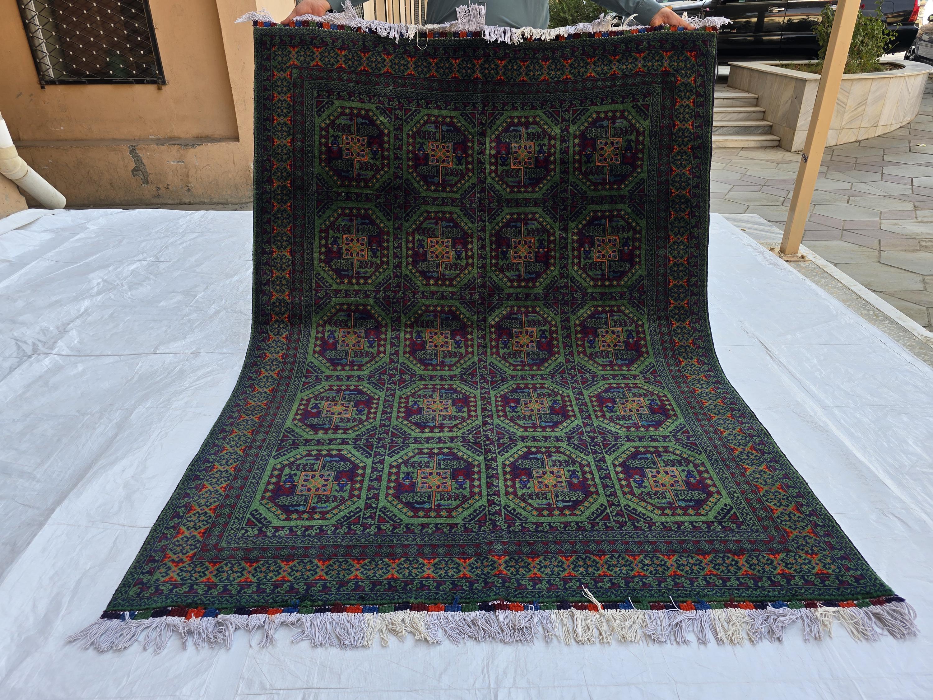 5x7 Green Bukhara Afghan Handwoven Soft Rug, Turkmen Tribal Oriental Wool Area Rug, Boho Home Decor, Living Room Rug, Bedroom Rug 206x150 cm