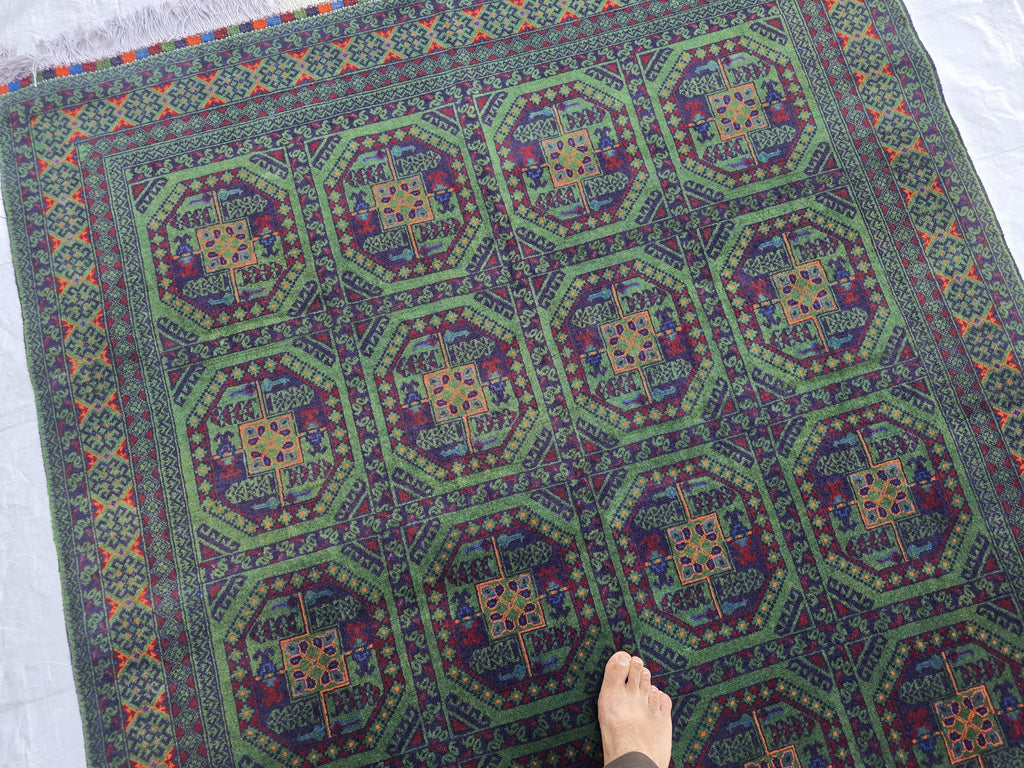 5x7 Green Bukhara Afghan Handwoven Soft Rug, Turkmen Tribal Oriental Wool Area Rug, Boho Home Decor, Living Room Rug, Bedroom Rug 206x150 cm