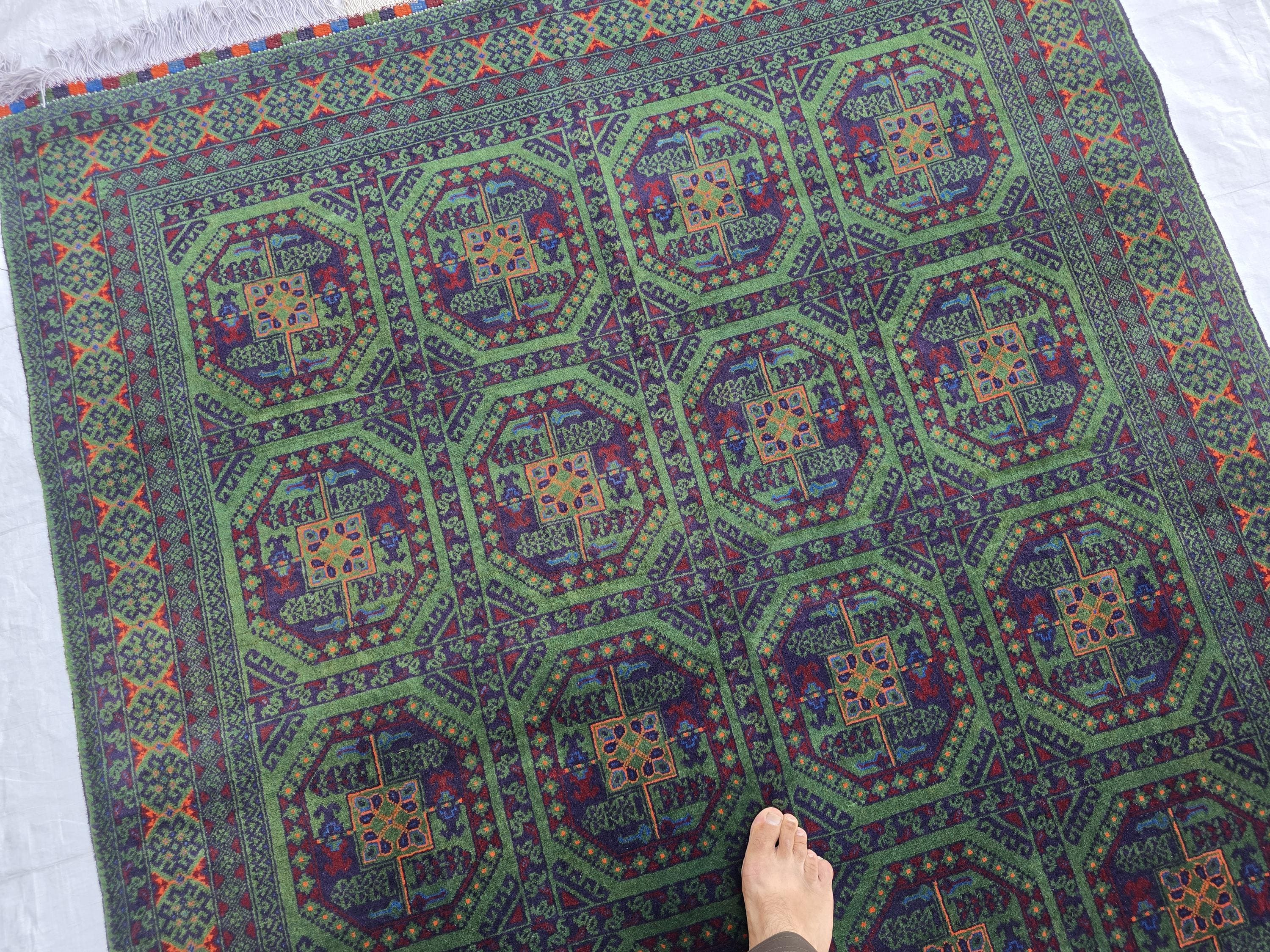 5x7 Green Bukhara Afghan Handwoven Soft Rug, Turkmen Tribal Oriental Wool Area Rug, Boho Home Decor, Living Room Rug, Bedroom Rug 206x150 cm