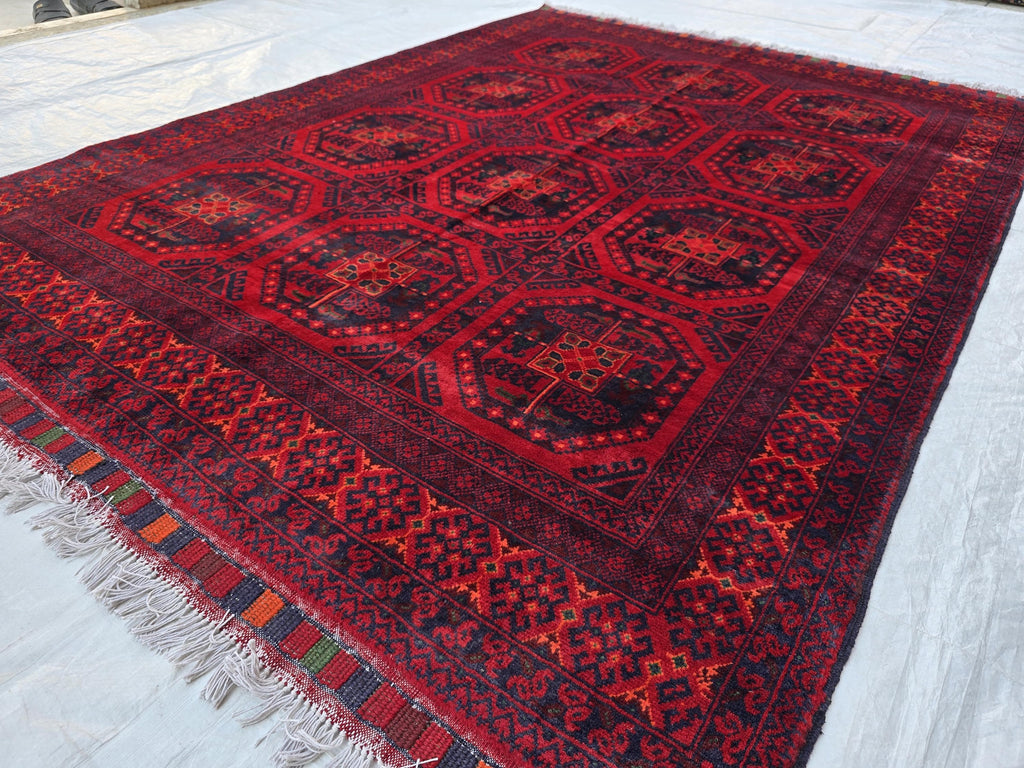 5x7 Rich Red Afghan Tribal Handwoven Soft Rug, Turkmen Oriental Wool Floor Rug, Boho Home Decor, Rug for Bedroom, Living Room Rug, Office
